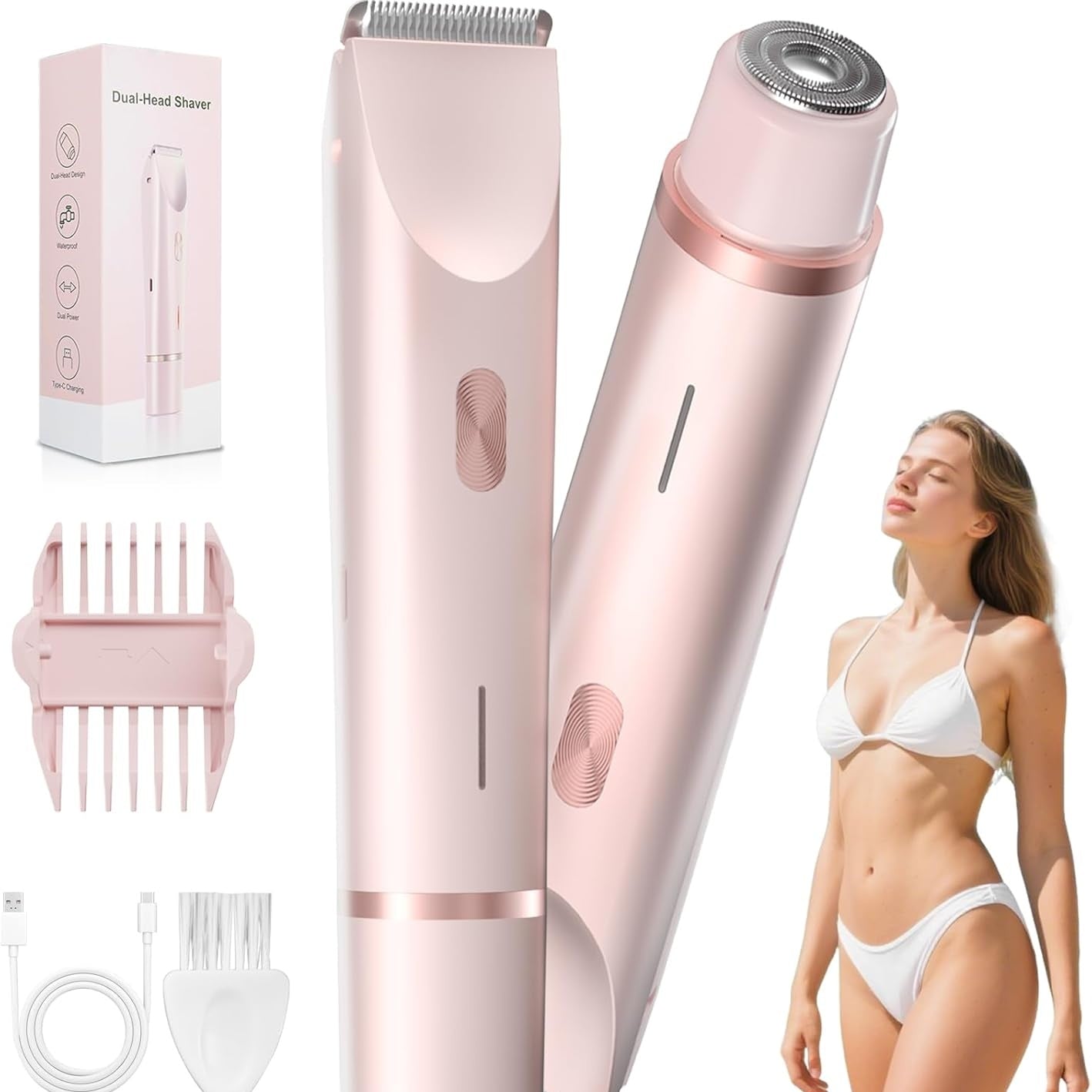 Women's 2-in-1 Dual-Head Electric Bikini Trimmer & Facial Shaver - USB- Wet/Dry Epilation Device Suitable for Bikini, Underarms, Legs, Arms, Face - Long-Lasting Battery, Body Hair Removal Tool with Ergonomic Grip