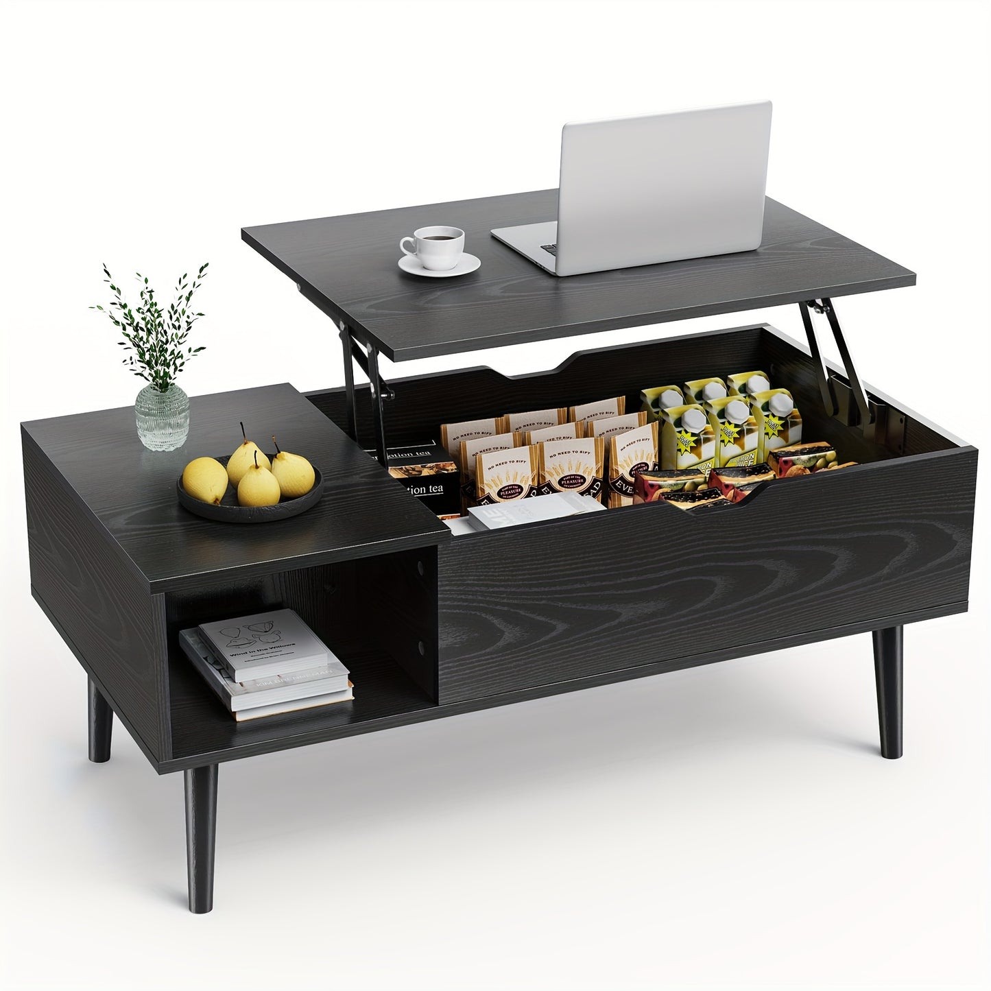 Versatile Lift Top Small Rising Wooden Dining Center Table - Elegant Black Coffee Table For Living Room - With Storage Shelf And Hidden Compartment, Ideal For Organizing And Enhancing Your Living Space