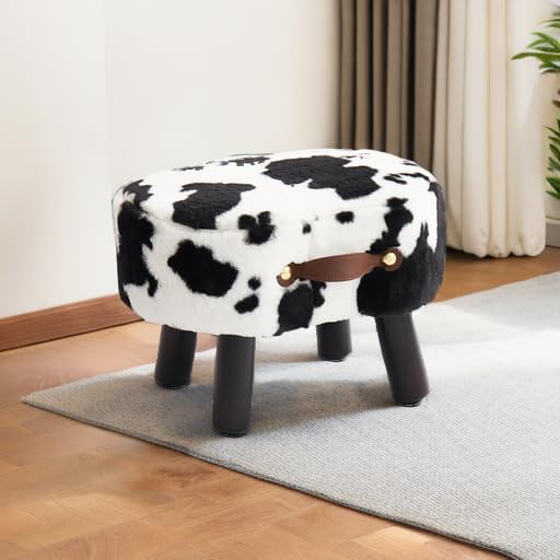 Leesingdo Small Footstool with Handle, Faux Fur Ottoman Foot Rest with Padded Seat, Curved Foot Stool with Wooden Legs, Portable Foot Rest for Living Room, Bedroom, Entryway, Cow