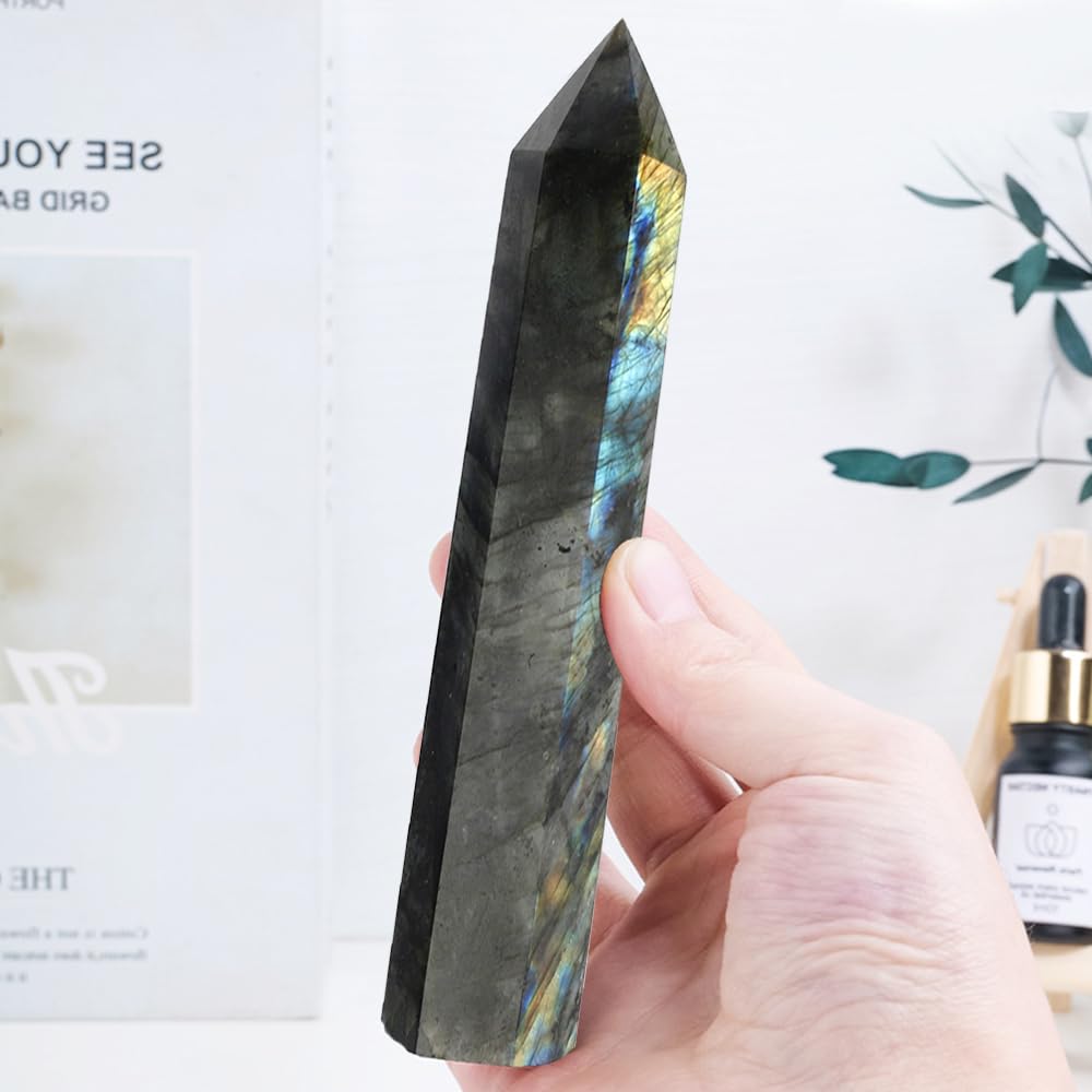 Natural Stone and Crystals Point Wand Reiki Healing Stone Rose Quartz Amethyst Home Decor Mineral Stones Crafts (5.9inch Wand Labradorite)