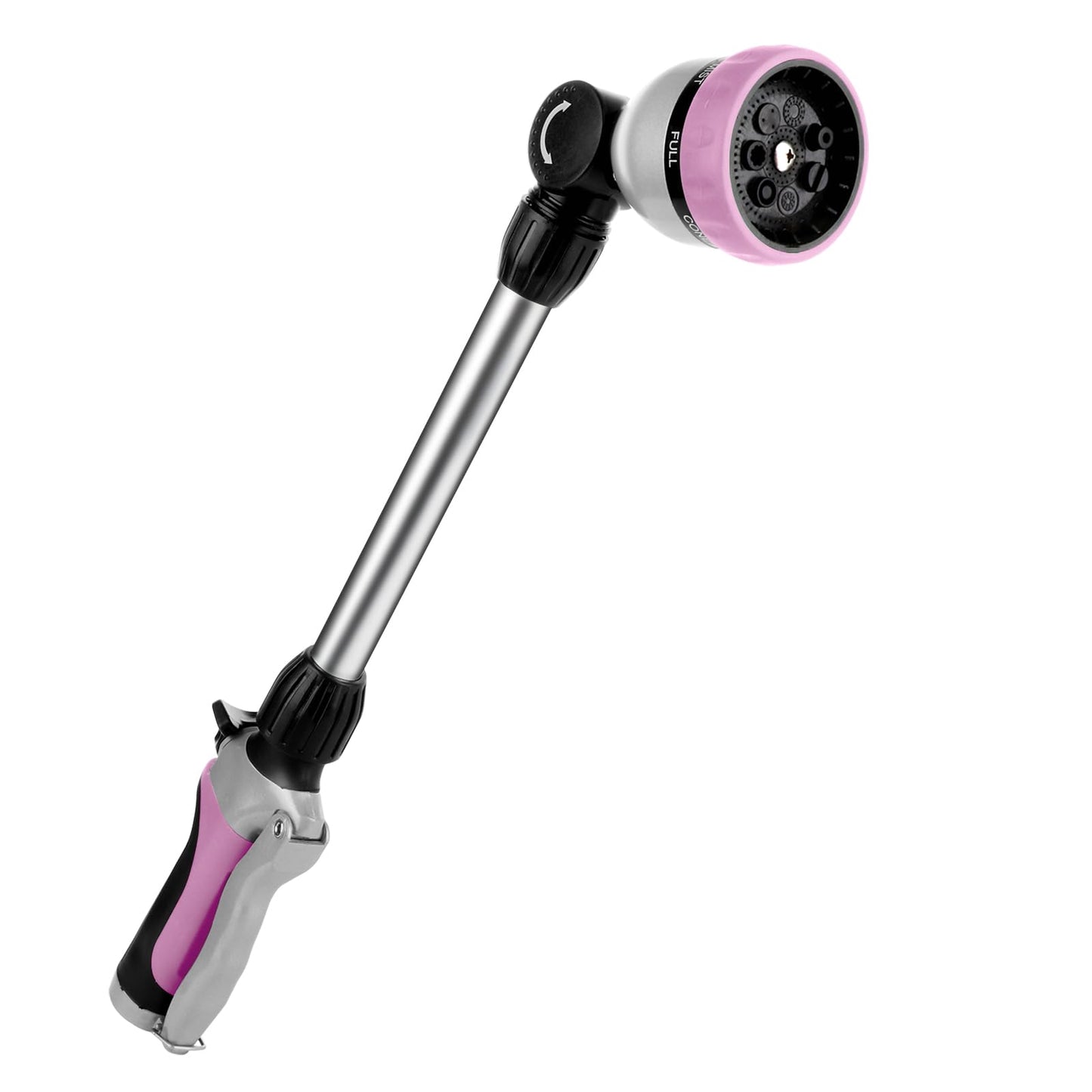 RESTMO Metal Watering Wand, Heavy Duty Garden Hose Wand with 180° Swivel Ratcheting Head, 16'' Hose Nozzle Sprayer with 7 Spray Patterns and Flow Control, for Water Hanging Baskets and Shrubs, Pink
