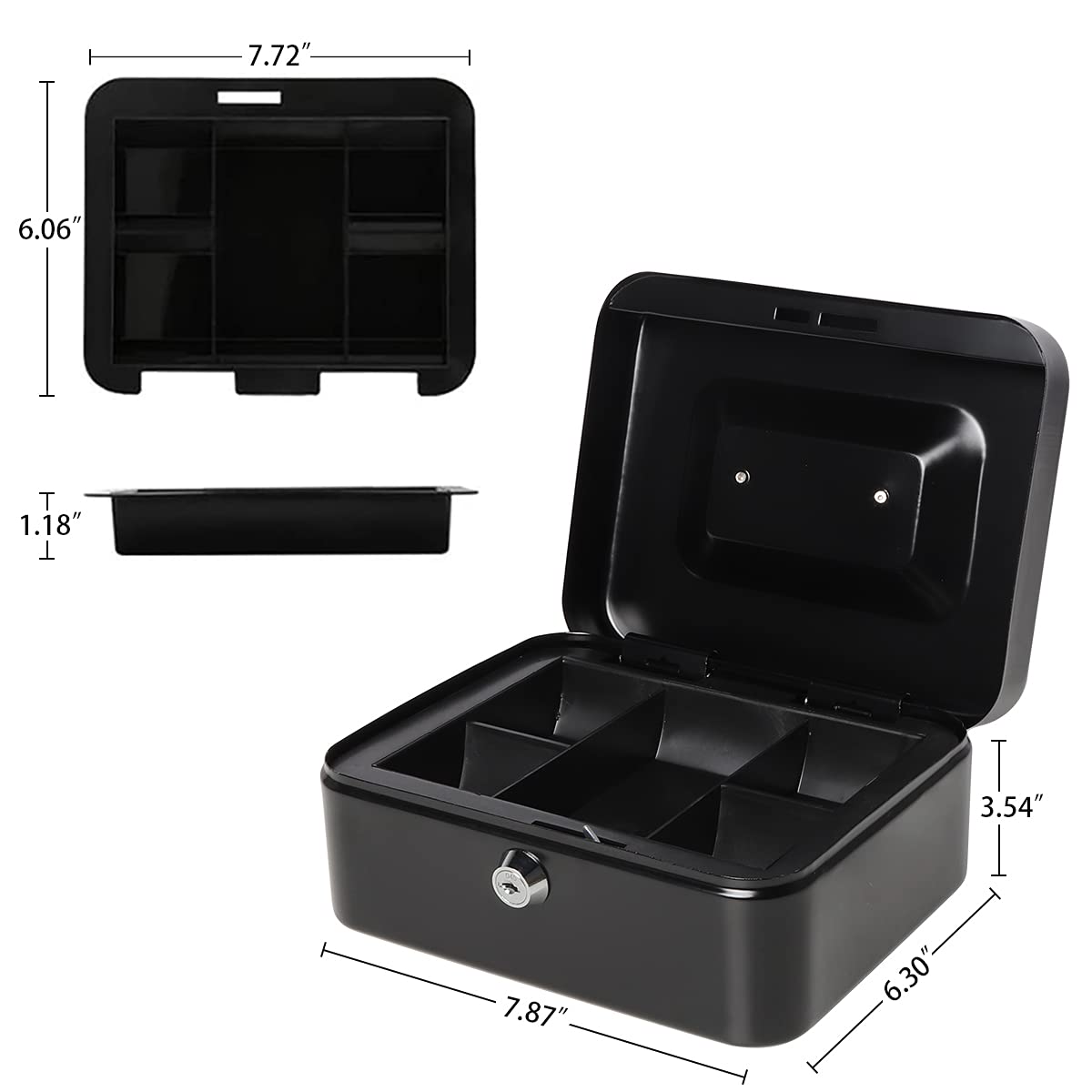 Medium Metal Cash Box with Key Lock Safe and Money Tray for Security,Money Saving Organizer, Parrency Large Money Box with Key Lock,7 4/5" x 6 4/5" x 3 3/5",Black