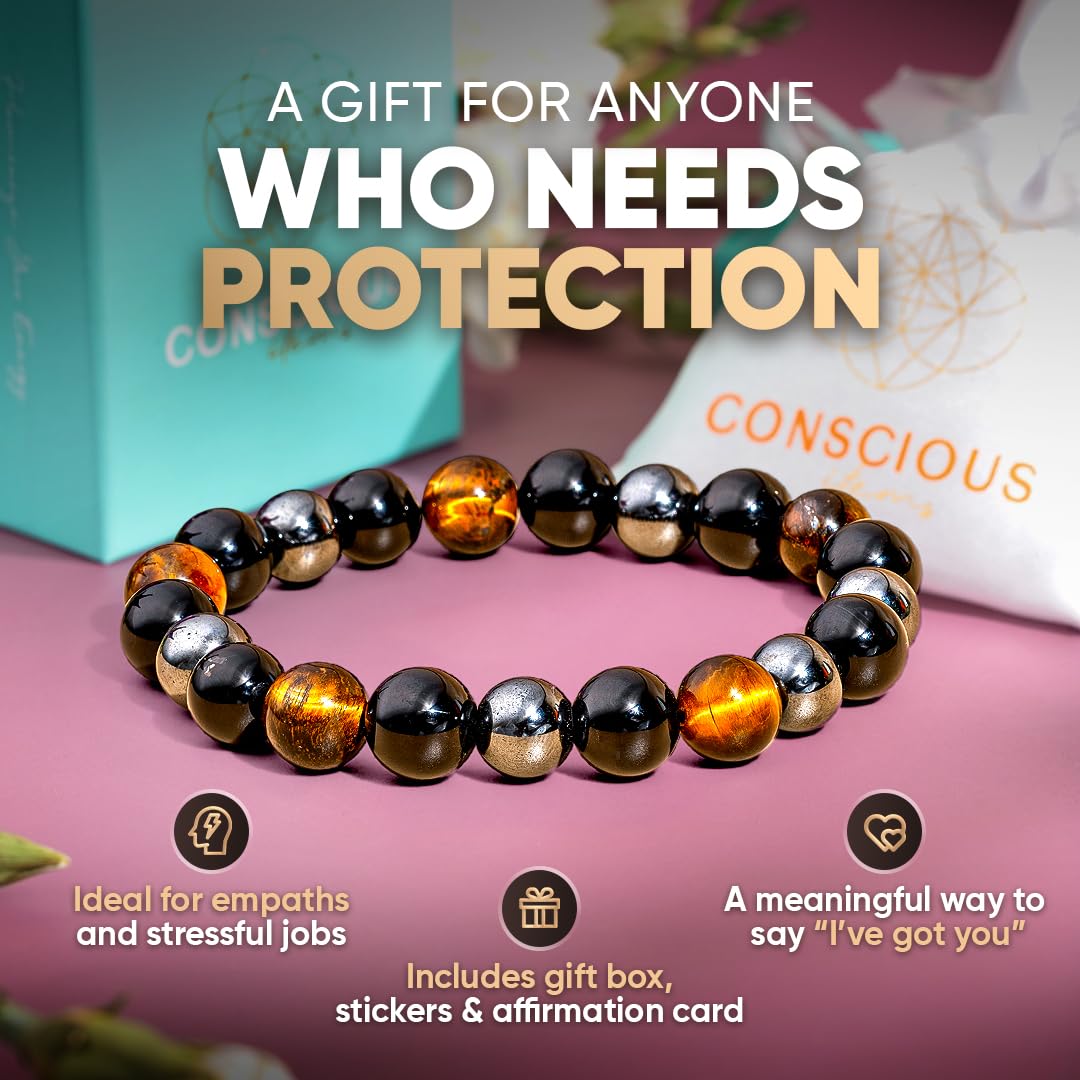 Conscious Items Triple Protection Bracelet, Tigers Eye, Hematite Stone, & Black Obsidian Bracelet, Spiritual Stone Bracelets for Women & Men, 7.87 in