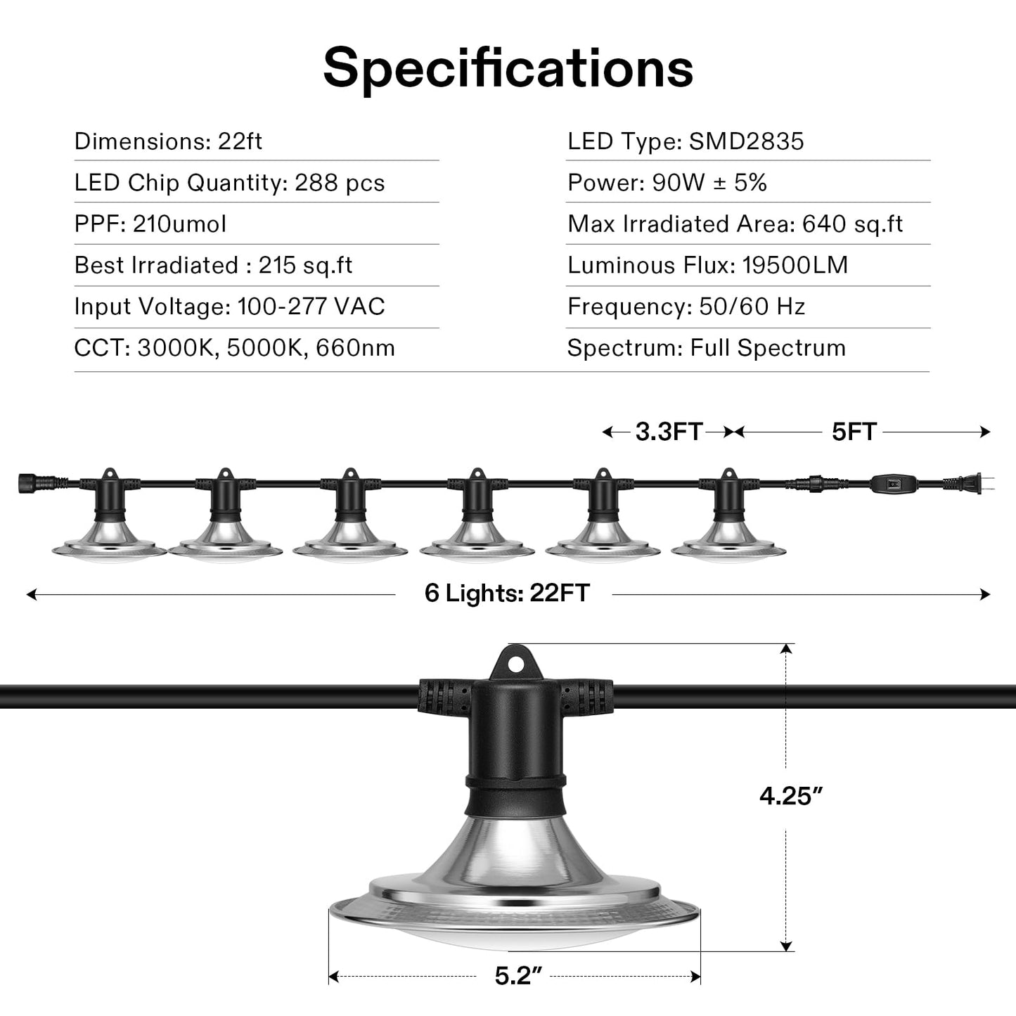 VIVOSUN Outdoor LED Grow Lights, Waterproof String Grow Light, Full Spectrum Plant Growing Lights with 22Ft Adjustable Cord for Seedling, Veg, Flower in Greenhouse, Garden, Backyard, Farm (6-Light)