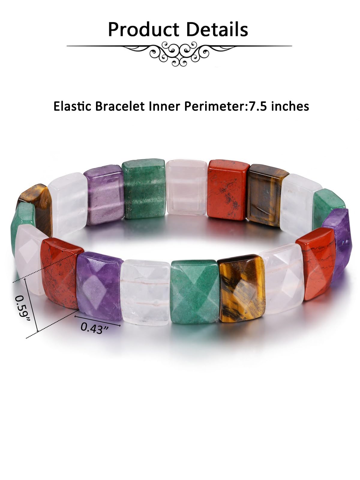 Jovivi Chakra Gemstones Healing Crystal Bracelet Natural Semi Precious 15mm Square Faceted Beaded Stretch Bracelet Bangle 7.5 Inch