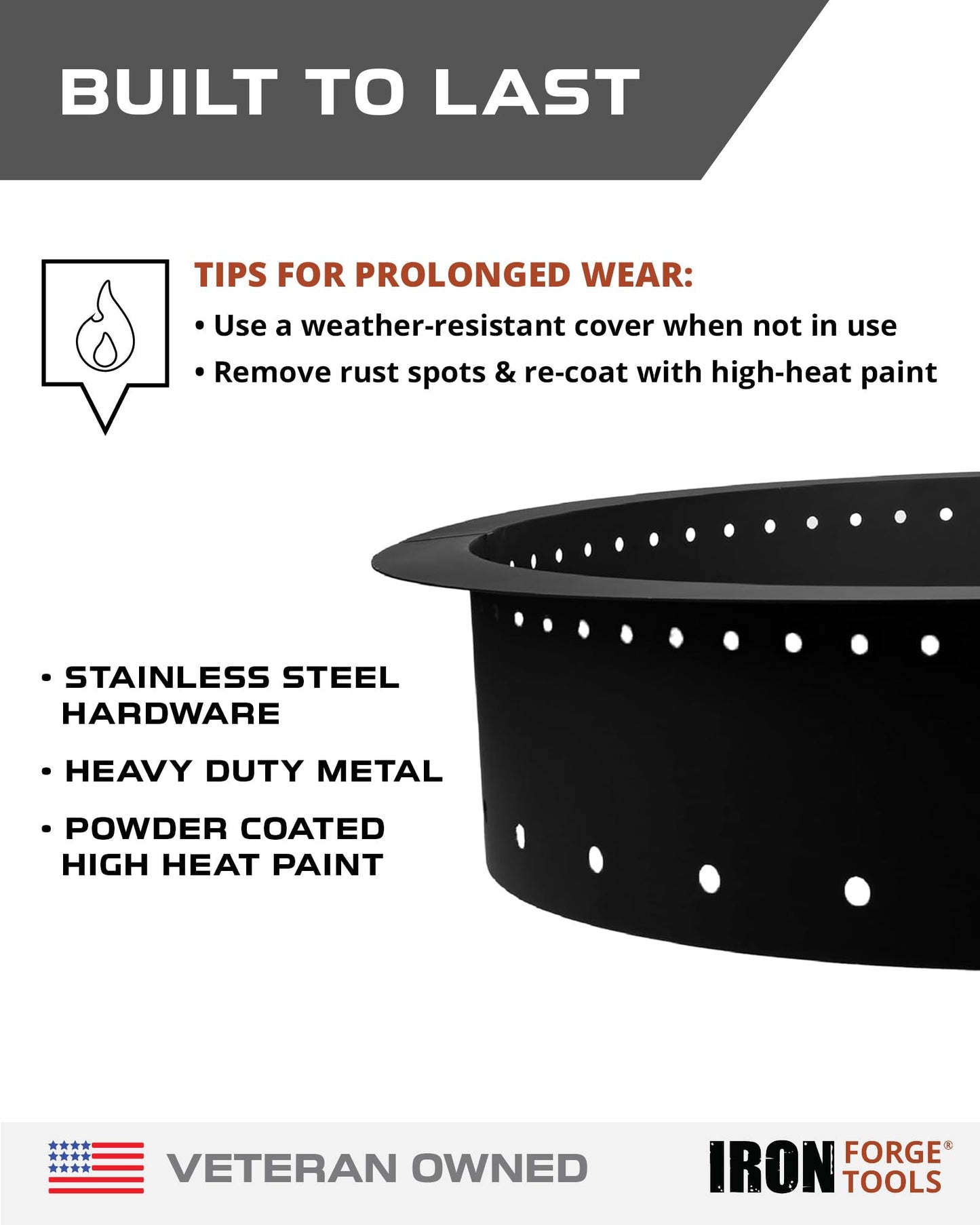 Iron Forge Tools Fire Pit Ring 42 Inch Outer/36 Inch Inner - Outdoor Heavy Duty Metal Round Smokeless Fire Ring Insert Liner - Utility Patent Pending (42x36x10)