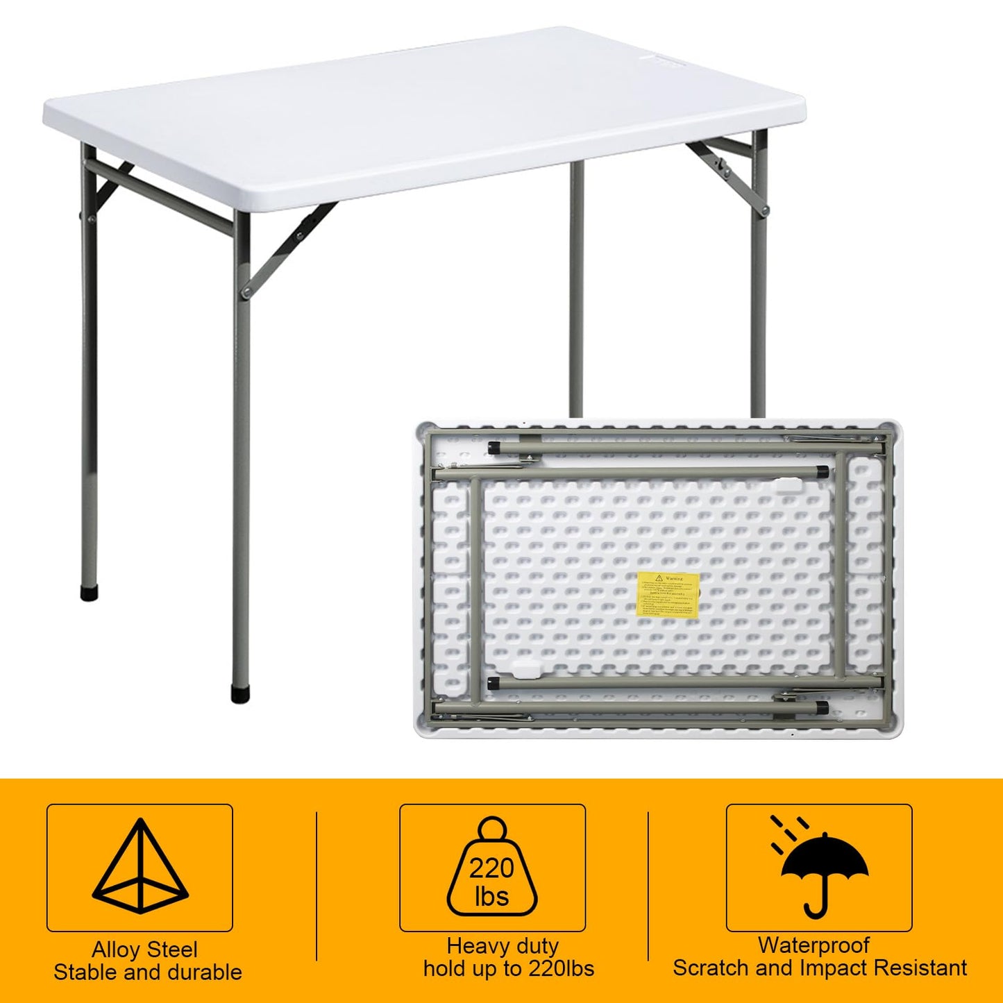 FROASISPRO Folding Table 3ft Rectangular All-Occasion Plastic Folding Event Table for Indoor and Outdoor, Portable Desk, Camping, Durable and Stable, HDPE and Steel, Wide Application, White
