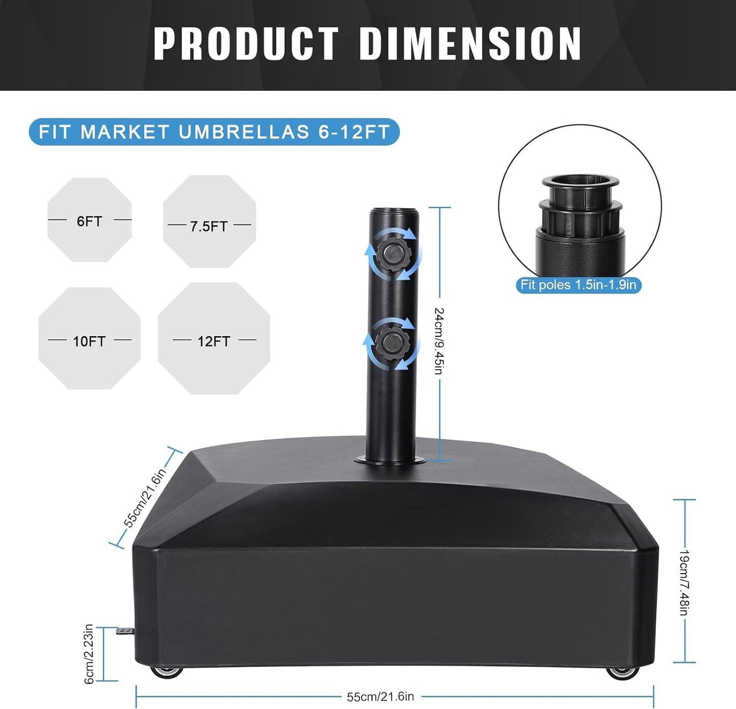 Patio Kingdom Patio Umbrella Base with Wheels, 123 lb Fillable Stand with Locking Casters, Mobile HDPE Umbrella Holder for 6-12FT Umbrellas, Wind Resistant Design for Deck, Poolside, Backyard (Black)