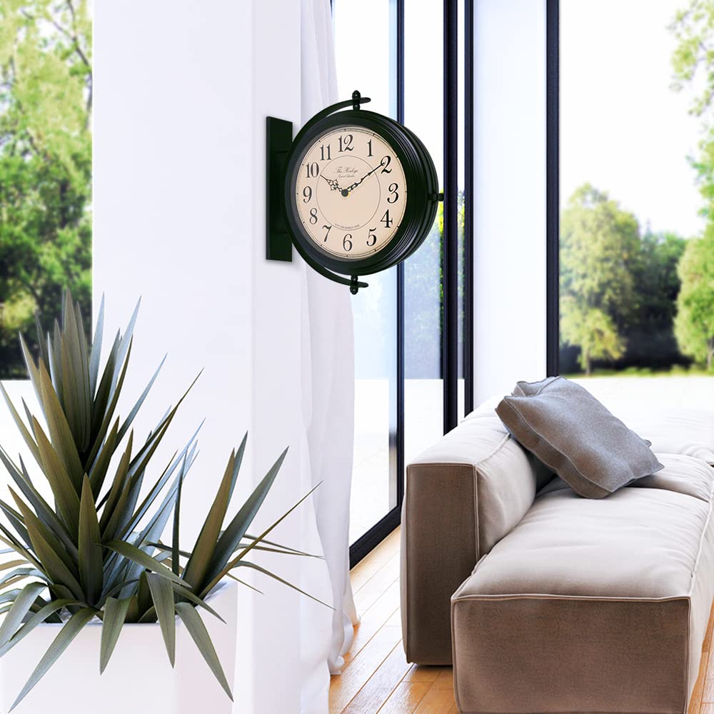 BESTIME 66264B 16-Inch Double Sided Metal Wall Clock with Black Frame.Sturdy Frame,Easy Read,Garden,Home Décor,Indoor,Outdoor,Farmhouse,Yard,Station,Office,Photography Props.