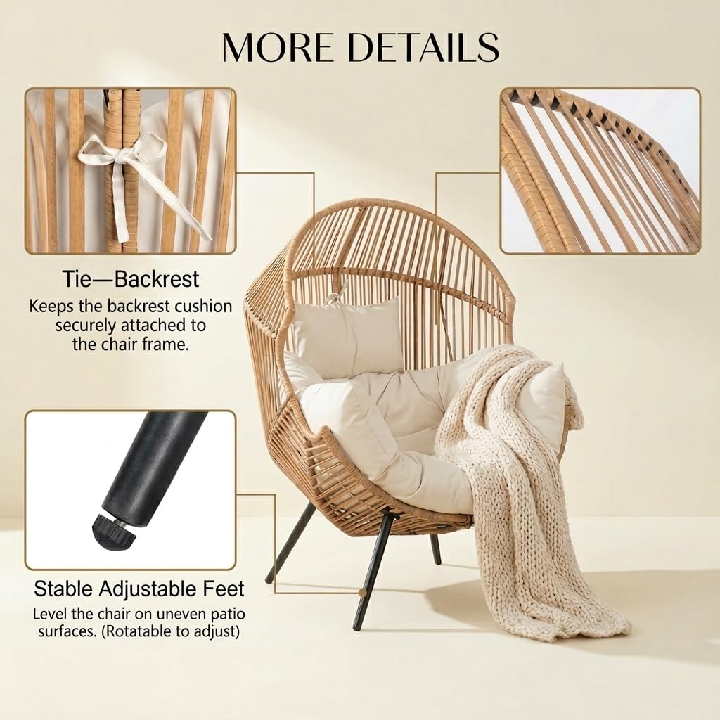 Oversized Outdoor Wicker Egg Chair, Patio Lounge Chair Basket Seat with Thick Cushion, All Weather Indoor Outdoor Porch Rockers for Balcony, Living Room, Lawn Garden
