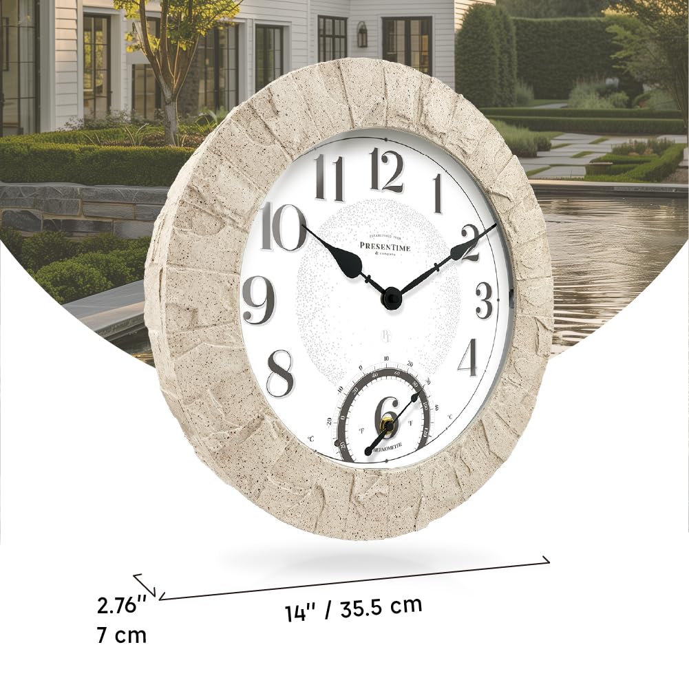 Presentime & Co 14" Illuminated in/Outdoor Clock with Smart Sensor and Night Light, Waterproof, Large Wall Clock with Thermometer & Hygrometer, for Garden and Patio - Coastal Sandstone Finish.