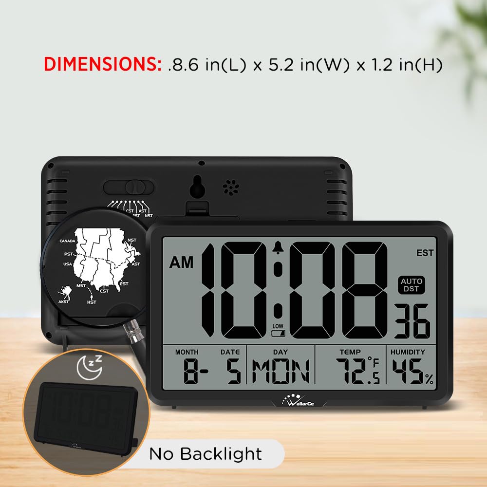 WallarGe Auto Set Digital Wall Clock Battery Operated, Desk Clocks with Temperature, Humidity and Date, Large Display Digital Calendar Alarm Clock for Elderly, Bedroom, Office, 8 Time Zone, Auto DST.