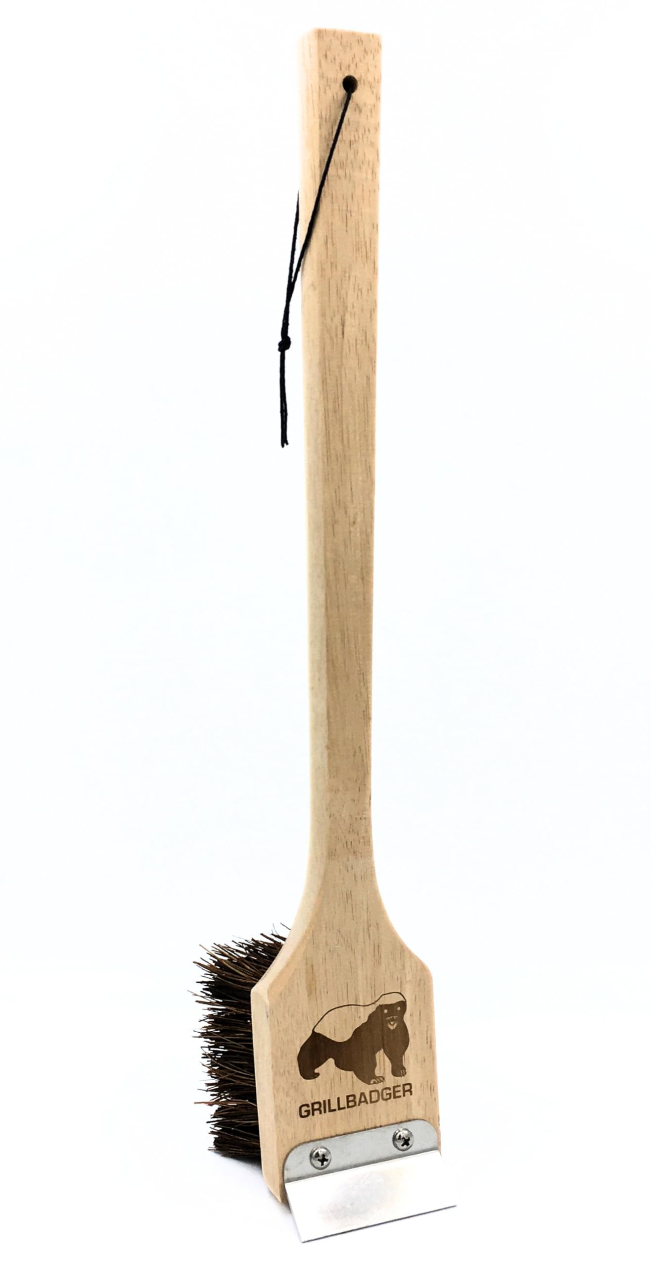 Grillbadger The Original Non Metal Grill Brush for Outdoor Grill | High Temp Heat Resistant BBQ Cleaning Brush | Long Lasting Wooden BBQ Cleaner with Scraper, Safe for Cast Iron Grates - Natural Wood