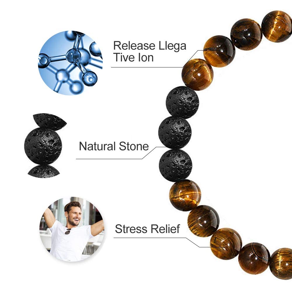 M MOOHAM Bracelets for Men - Beaded Natural Tiger Eye Bracelets for Men Black Lava Rock Stone Chakra Mens Anxiety Bracelet Adjustable Aromatherapy Oil Diffuser Jewelry Gifts