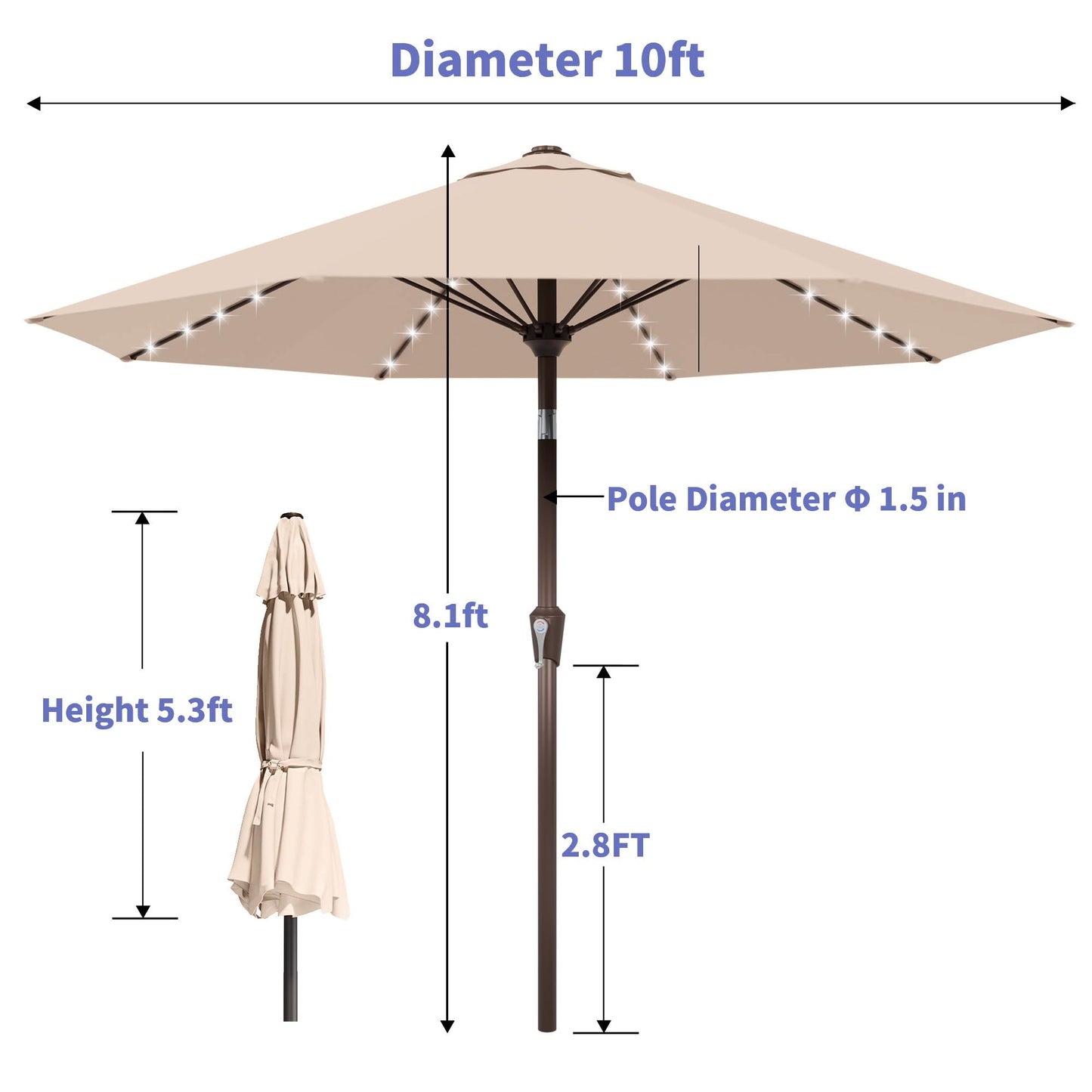 Kingdura 10FT Outdoor Patio Umbrella with Solar Lights, Market Table Umbrella with Push Button Tilt & Crank, 8 Sturdy Ribs, 32 LED Lights, UV Protection for Garden Lawn Deck Backyard Pool (Beige)