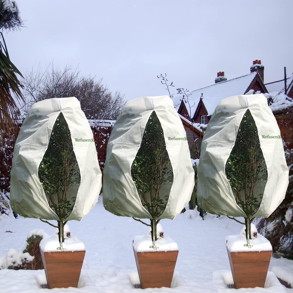 Refasen Plant Covers Freeze Protection,3 Packs 45”H X40”W Frost Blankets for Outdoor Plants Frost Cloth with Zipper Drawstring-Protect Trees from Cold Frost Pest