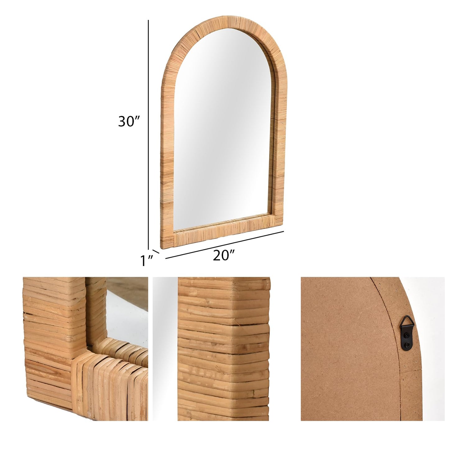 FUIN Boho Rattan Wall Mirror 20×30 Inch Arched Natural Rattan Frame – Farmhouse Bathroom Vanity Mirror – Wicker Decorative Hanging Mirror for Living Room, Bedroom, Entryway