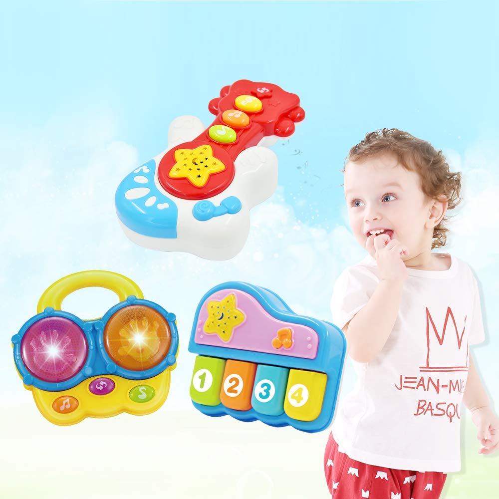 WEofferwhatYOUwant Baby Musical Instrument Set – Piano, Bongo Drums & Guitar – Light-Up Projector Toys for Babies 6+ Months – Educational Multi-Instrument Bundle – Auto Off – Batteries Included