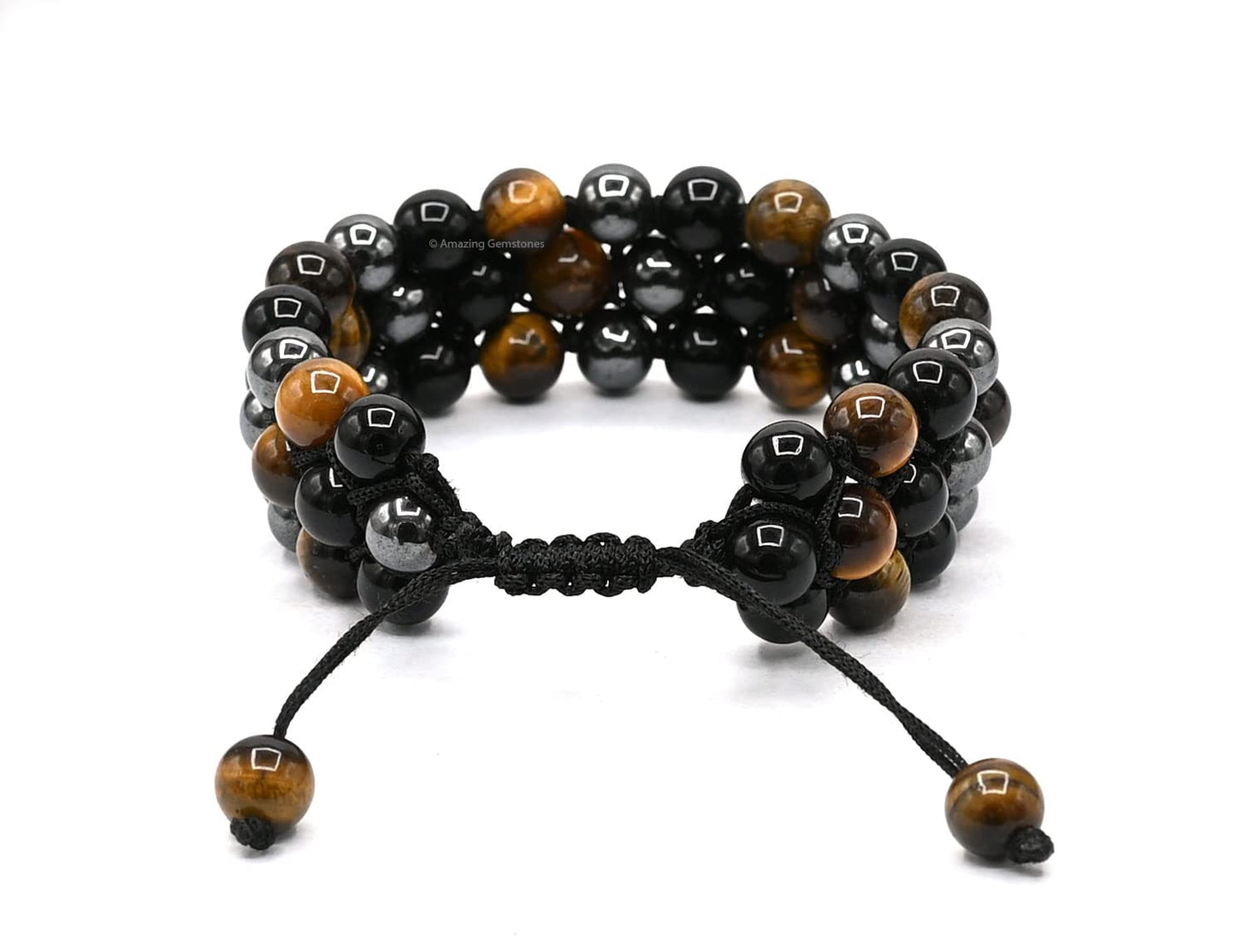 Amazing Gemstone Triple Protection Bracelet - Hematite Black Obsidian Tiger Eye Bracelet Set for Men Women Healing Calming Anxiety Stress Relief Gifts Stocking Stuffer (Adjustable, 3 Layer)