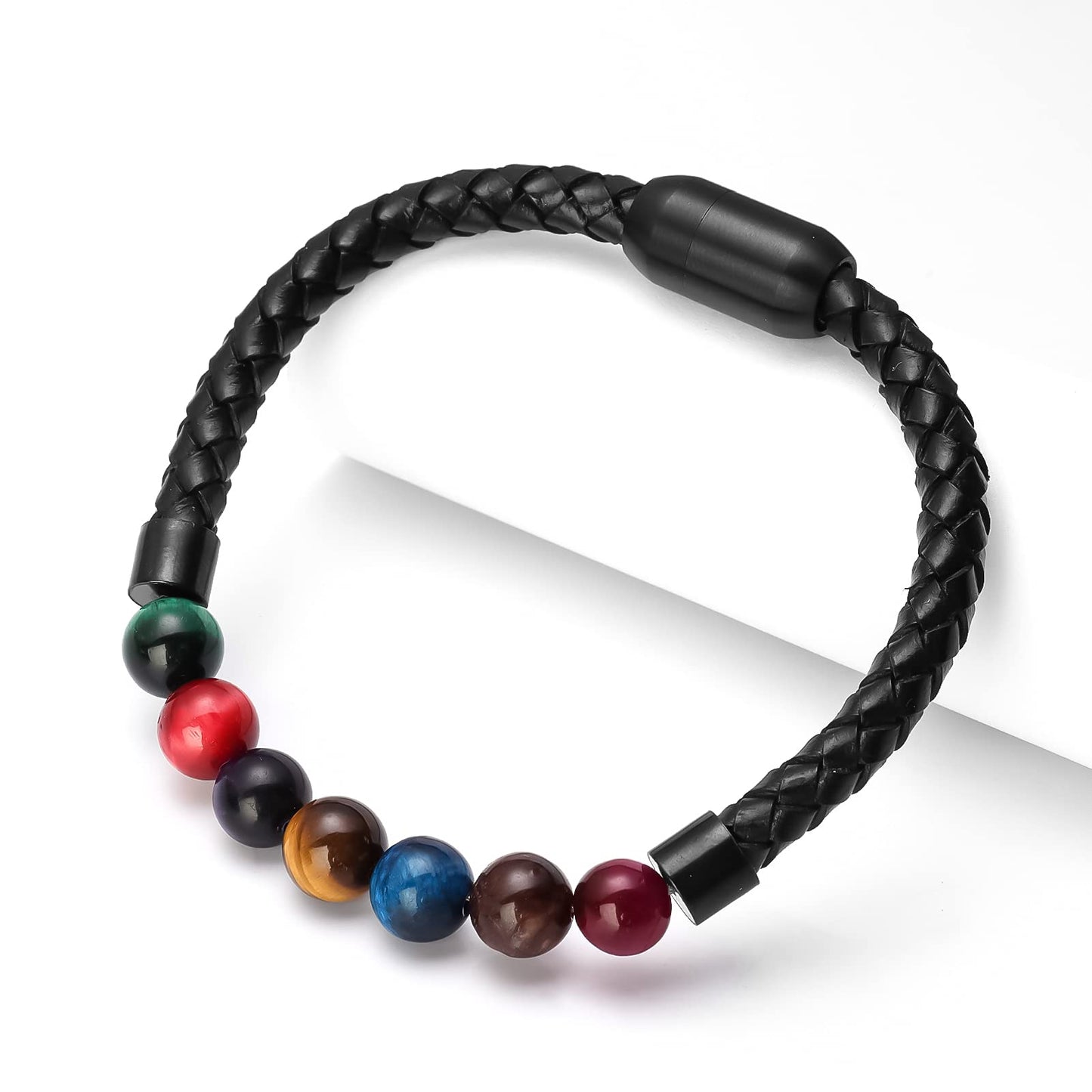Ckysee 7 Color Tiger Eye Stone Healing Balancing Genuine Leather Beads Bracelet Magnetic Clasp Bracelet 8.5"