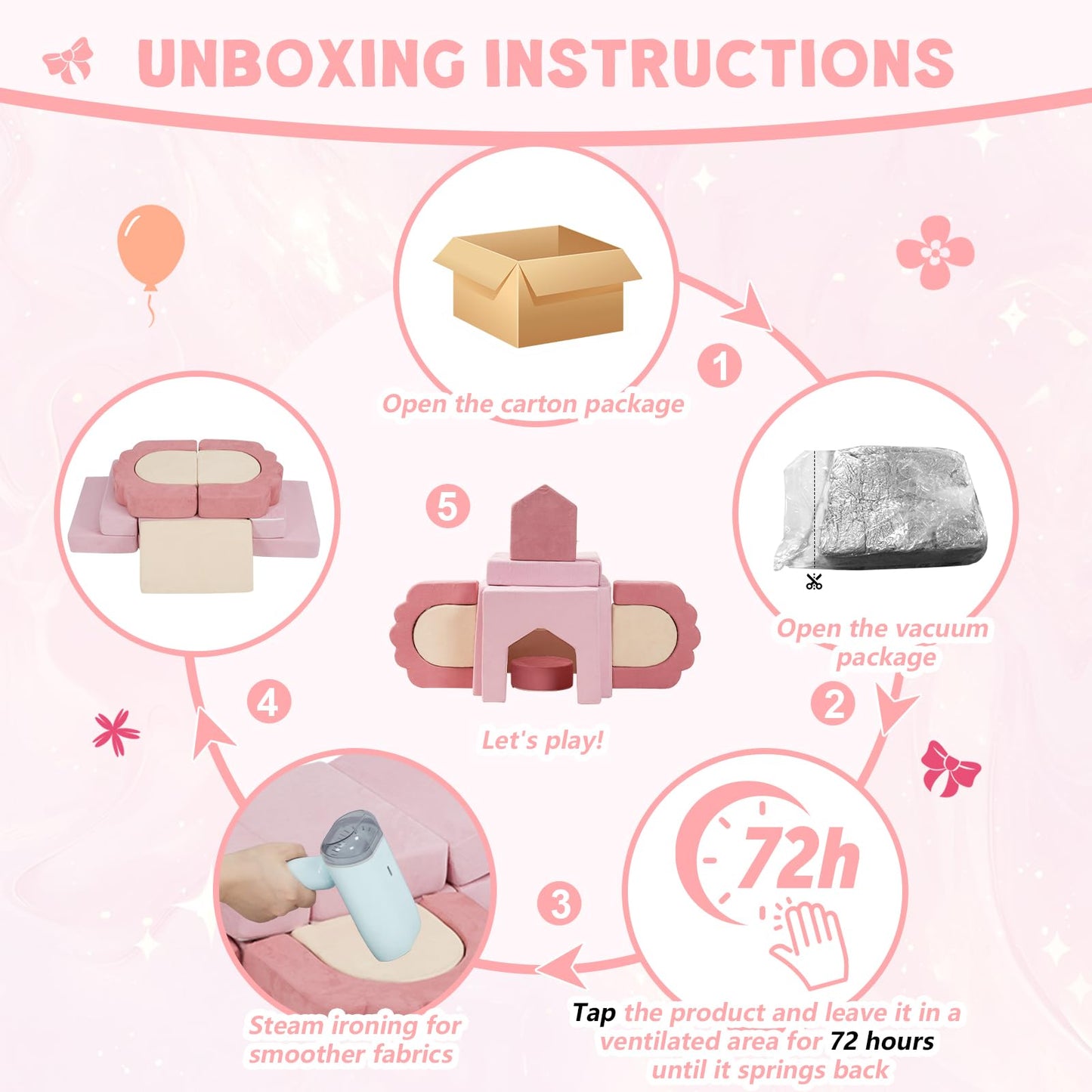 MOOZHEALTH 13 Pieces Foam Climbing Blocks for Toddlers|Floral Baby Soft Play Gym,Kids Indoor Crawing Climbers & Play Structures for Bedroom,Livingroom & Playroom,Pink & Beige