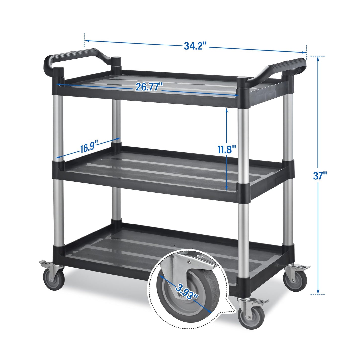 Imaboie Utility Rolling Carts with Wheels, Large Size Plastic Service Carts, Heavy Duty Restaurant Cart with 4 Lockable Brake Wheels for Kitchen/Office/Warehouse (3 Tier - 34×17×37inches / 510lbs)