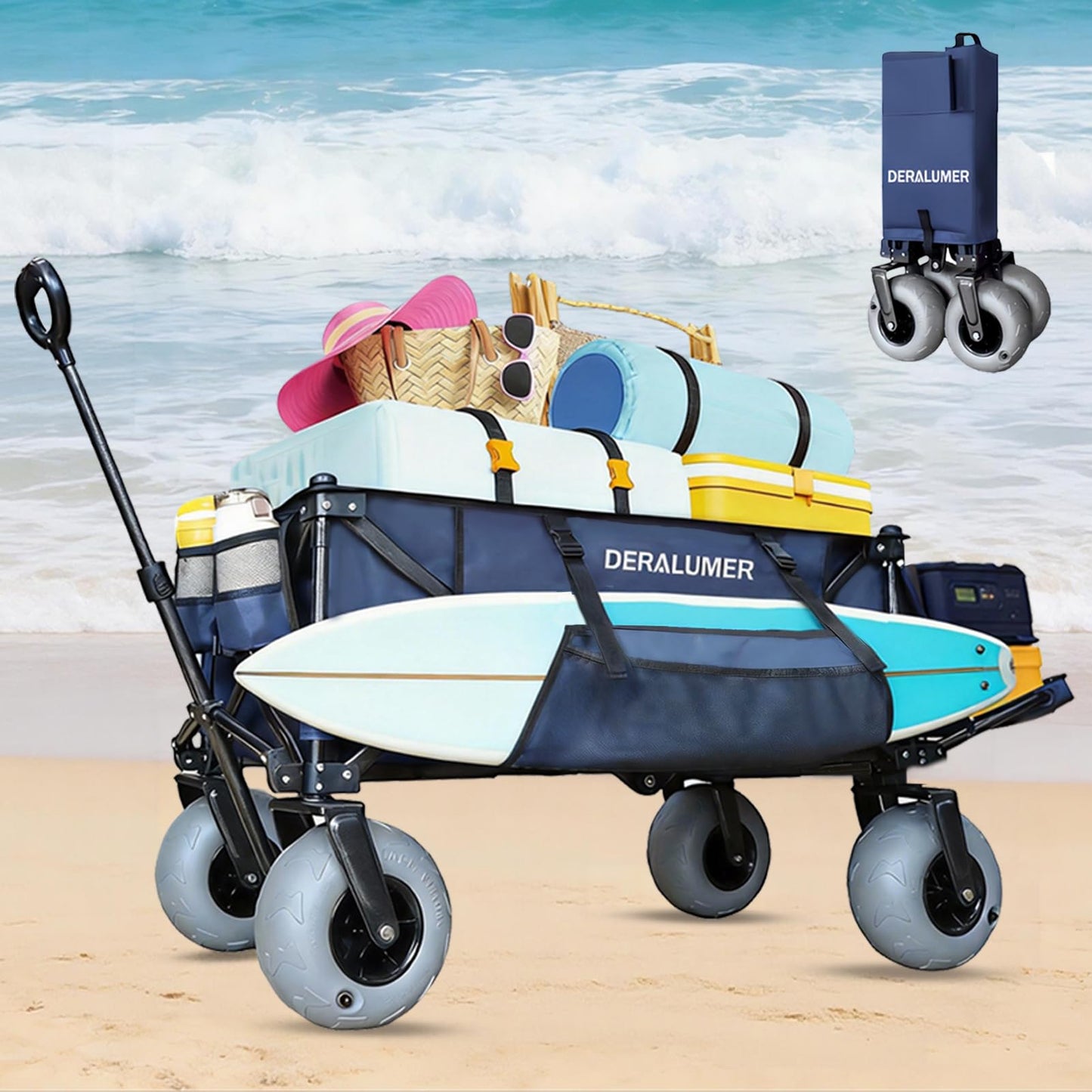Deralumer X900 Beach Wagon with 9ร4" Big Balloon Wheels for Sand, 48" Heavy Duty Folding Wagon with Expandable Tailgate & Side Bag, Collapsible Utility Cart for Beach, Camping, Fishing (Navy Blue)