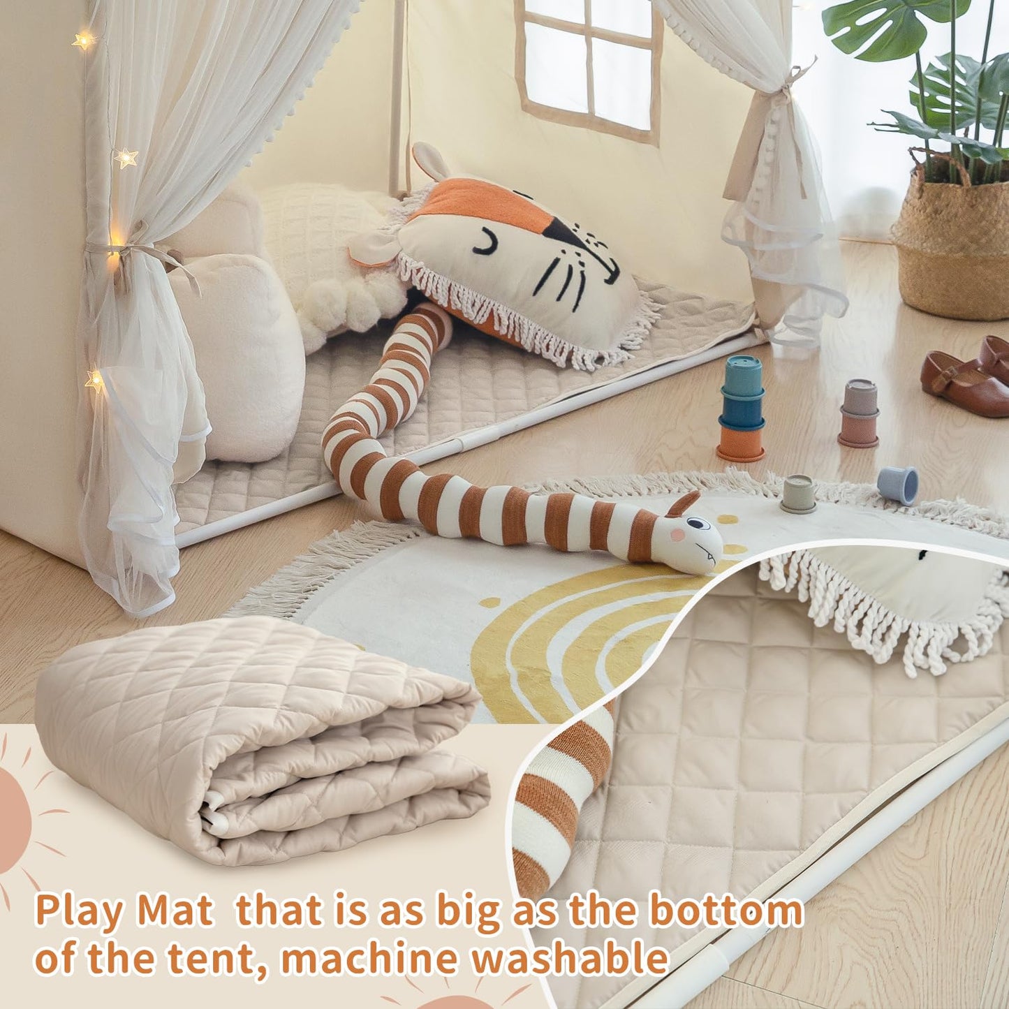 Kids Play Tent with Padded Mat, Kids Tents Indoor Playhouse for Toddler, Large Princess Castle Pompoms Play House Tent for Girl Bed Tents Toys for Boys Girl Birthday House Gift