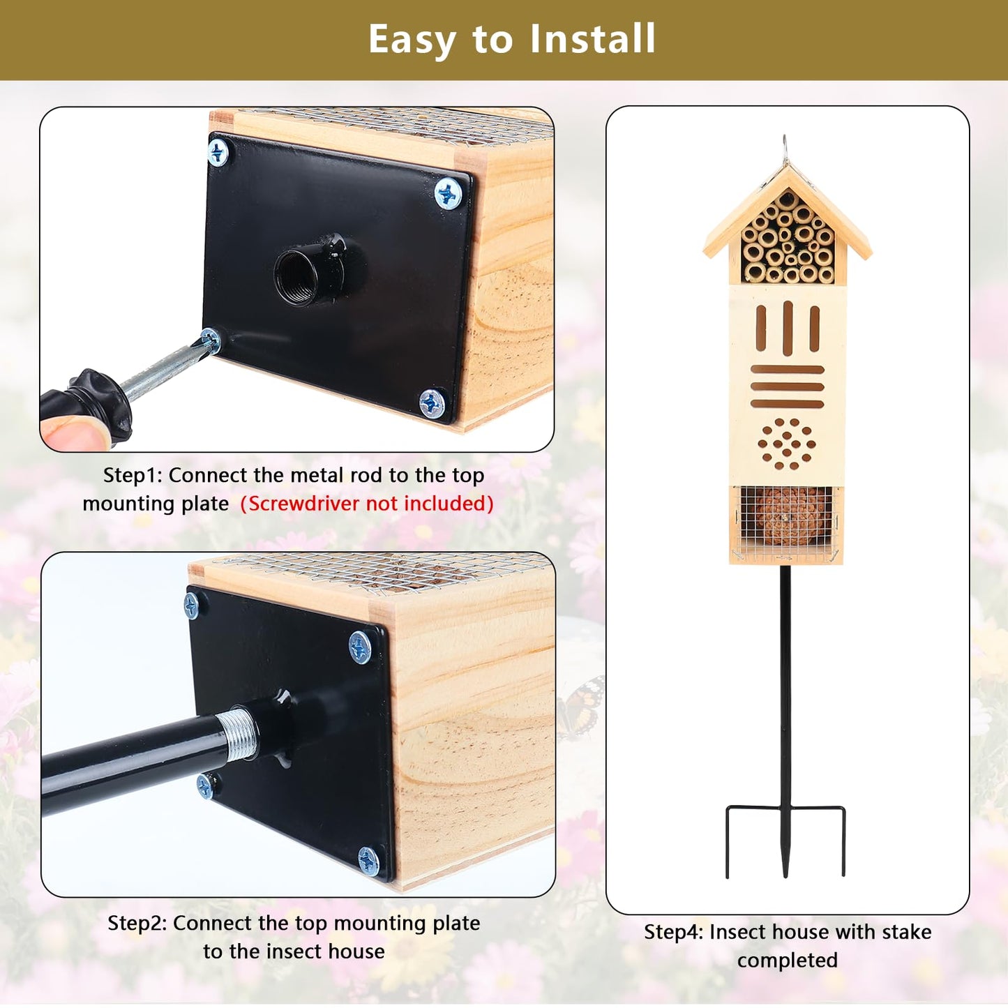 Wooden Insect House, Bee House with Metal Stake for Garden, Natural Ladbugs Habitat & Butterfly Hotel on The Ground or Hanging on Tree Wall (Pine, 3.34'' x 2.56'' x 11.8'', 11.8'' H Stake)