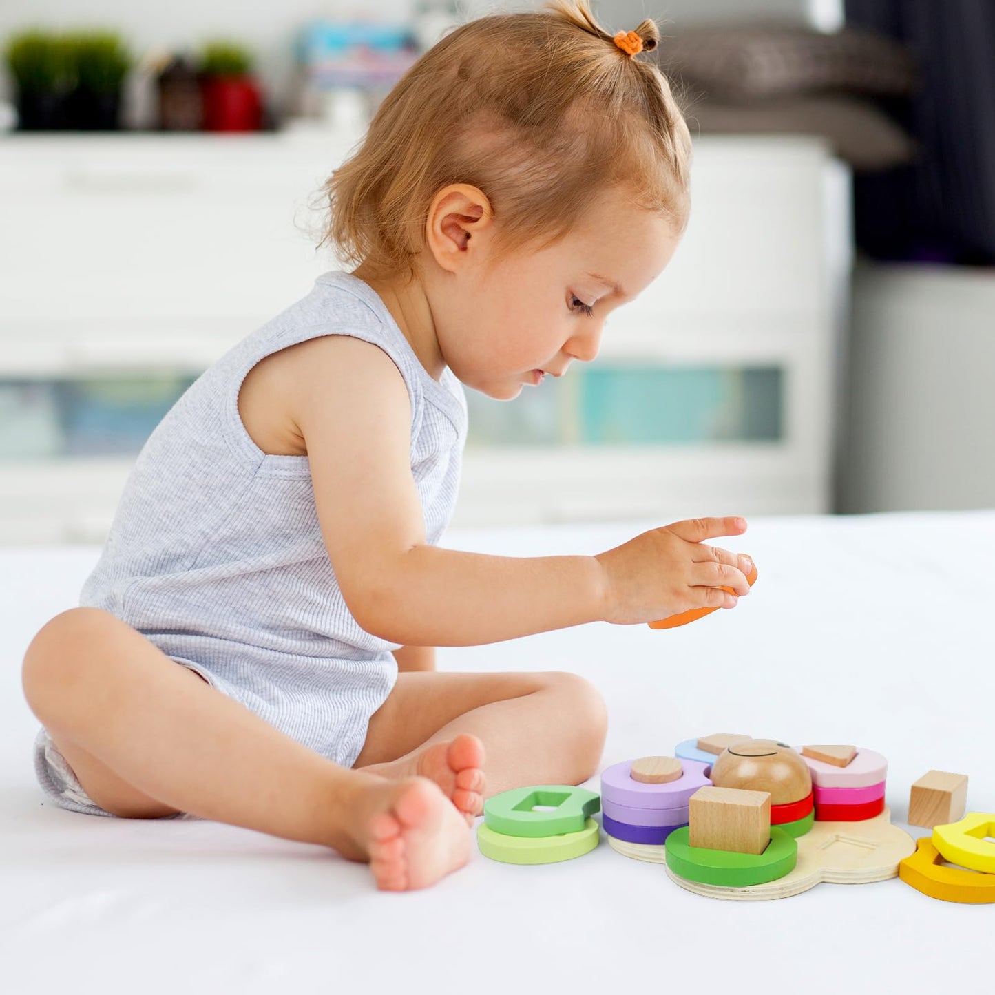 Flower Shape Wooden Stacking Puzzle Toy, Baby Shape Sorter Toy, Sensory Toys for Kids with Autism, Ideal Montessori Toys for 1+ Year Old, Sustainable Stacking Toys for Toddlers 1-3
