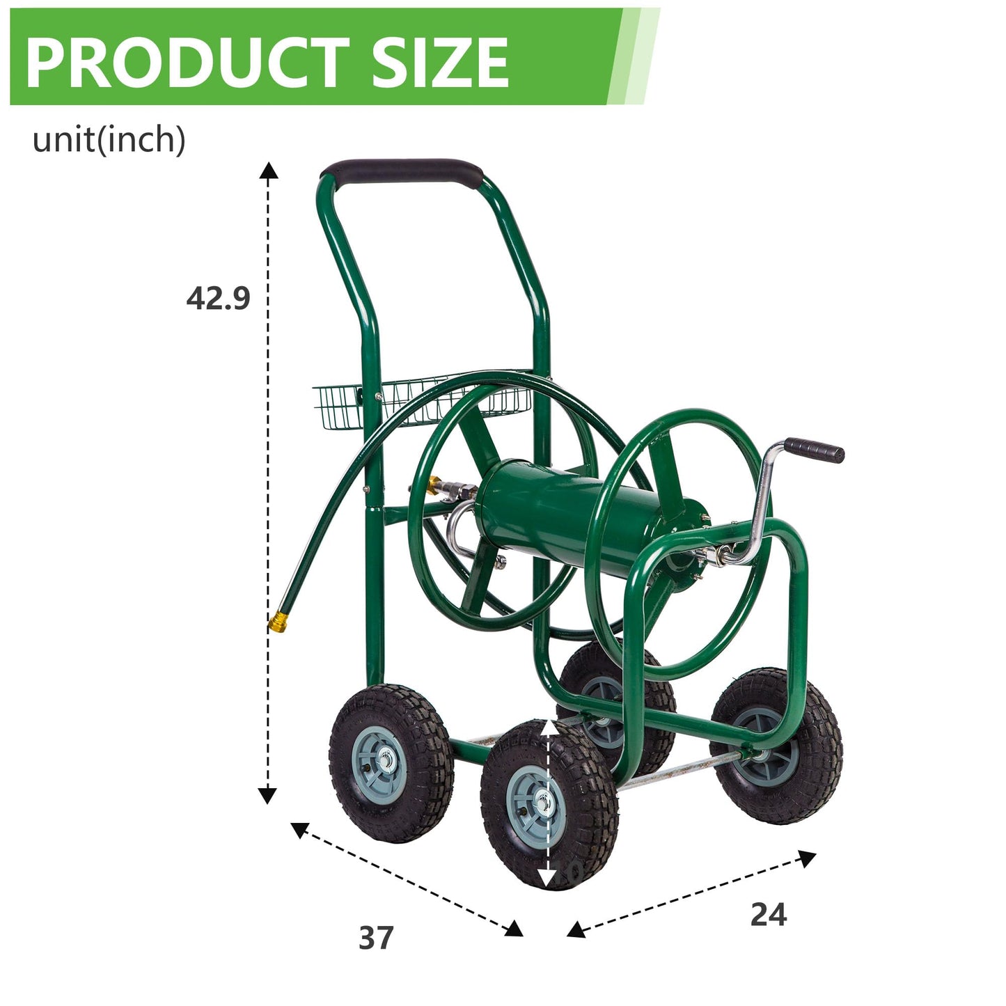 FDW Garden Hose Reel Cart, Water Hose Cart with 4 Wheels, Hold Up to 300 ft of 5/8’’ Hose,Heavy Duty Powder-Coated Steel Planting with Storage Basket, for Garden, Yard and Lawn