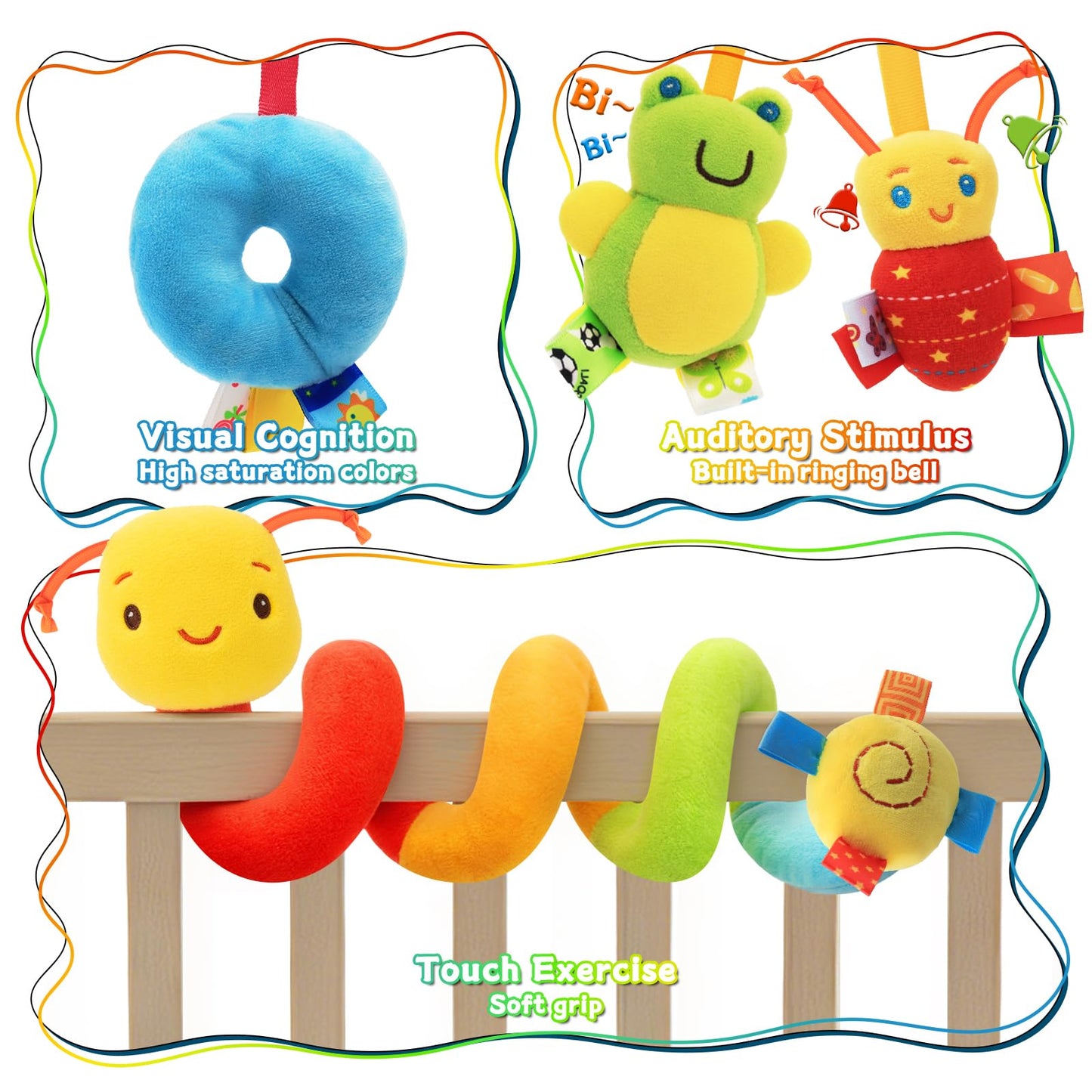 FPVERA Spiral Car Seat Toys - Baby Sensory Soft Plush Hanging Toys for 0-12 Months Stroller Crib Accessories, Essentials for Expecting Moms & Baby Shower Registry Gift