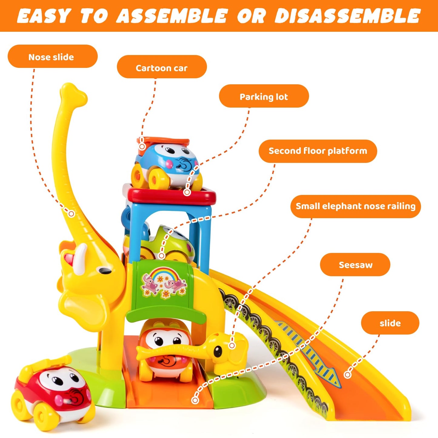 Marstone Toddler Toys for 1 2 Year Old Boys and Girls Gifts: Educational Elephant Slide with 4 Animal Car Toys for Baby 12-18 Months, First Birthday Gifts for Kids, Learning Push Truck Tracks Age 1-2