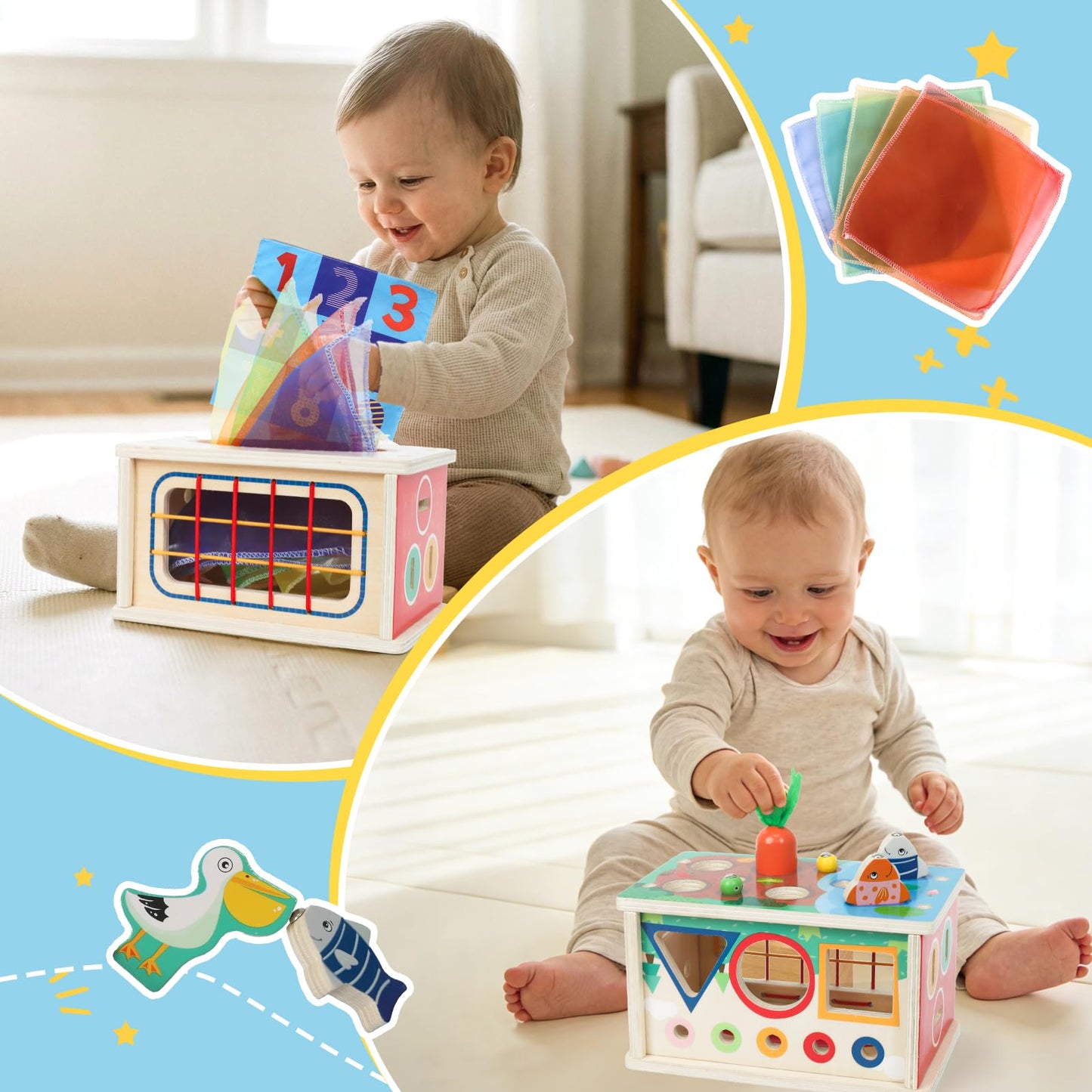 Ancaixin 8-in-1 Montessori Baby Tissue Box Toy for 12+ Months, Wooden Activity Cube, Puzzles 12-18 Months, Sensory Toys for Toddlers 1-3 Preschool Learning, 1 Year Old Boys Girls Baby Birthday Gift