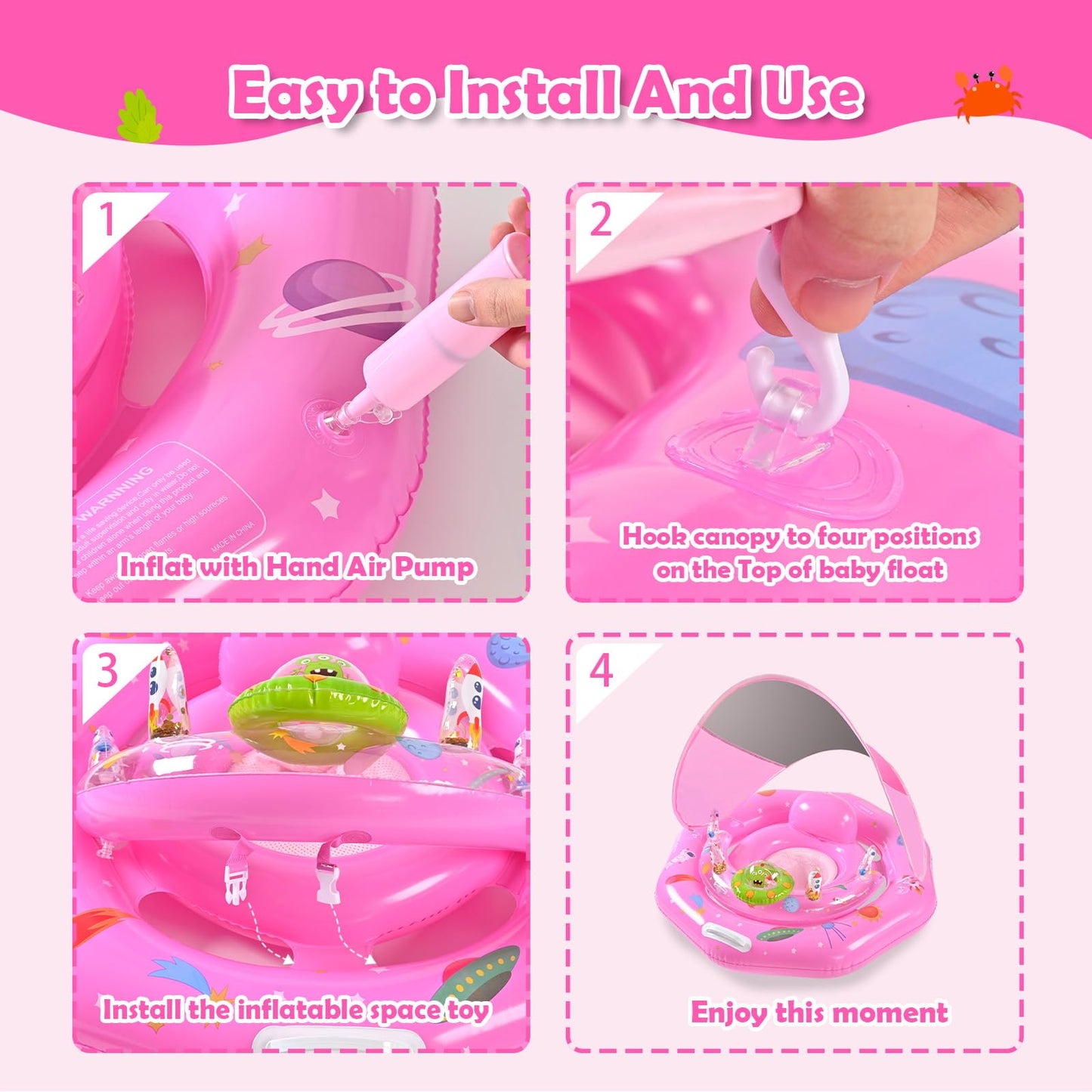 Baby Pool Float with Canopy UPF50+ Sun Protection, Inflatable Infant Pool Float with Adjustable Safety Seat & Toy Play Console,Baby Floatie for 6-36 Months Boys & Girls,Safety Handles & Leashes(Pink)