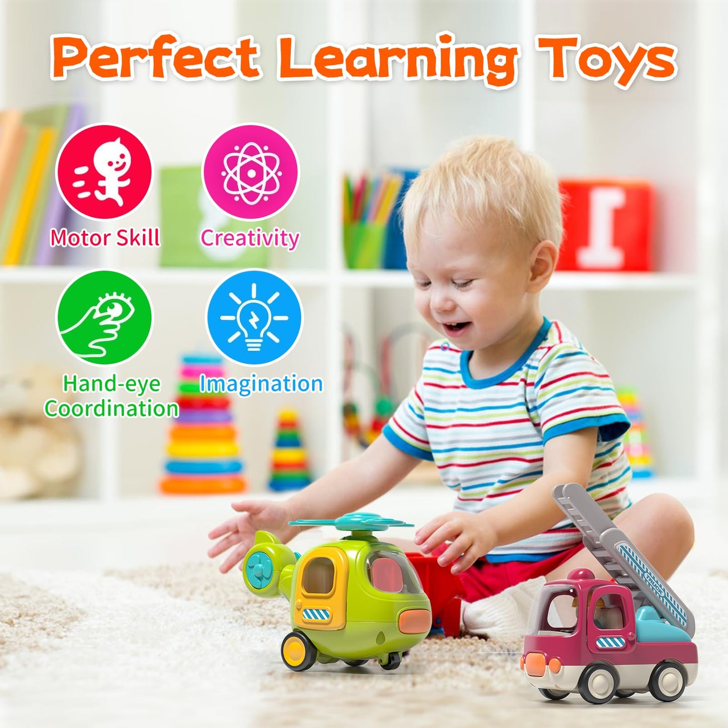 PANITU Baby Toys Push Cars for 1 2 3 Year Old 2 Pack Friction Powered Airplane Fire Trucks for Toddlers 1-3 Lights and Musical Toys for 1 Year Old First Birthday Gifts for Toddler