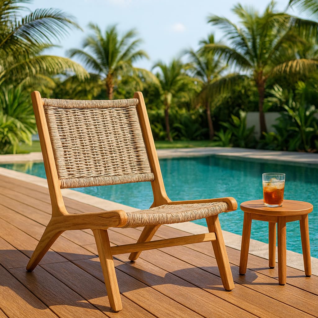 TeakCraft Teak Rattan Lounge Chair β Mid Century Modern Accent Chair, Solid Teak Wood, Natural Rattan, Boho & Scandinavian Style Seating for Living Room, Bedroom, Patio β Easy Assembly, The Vega