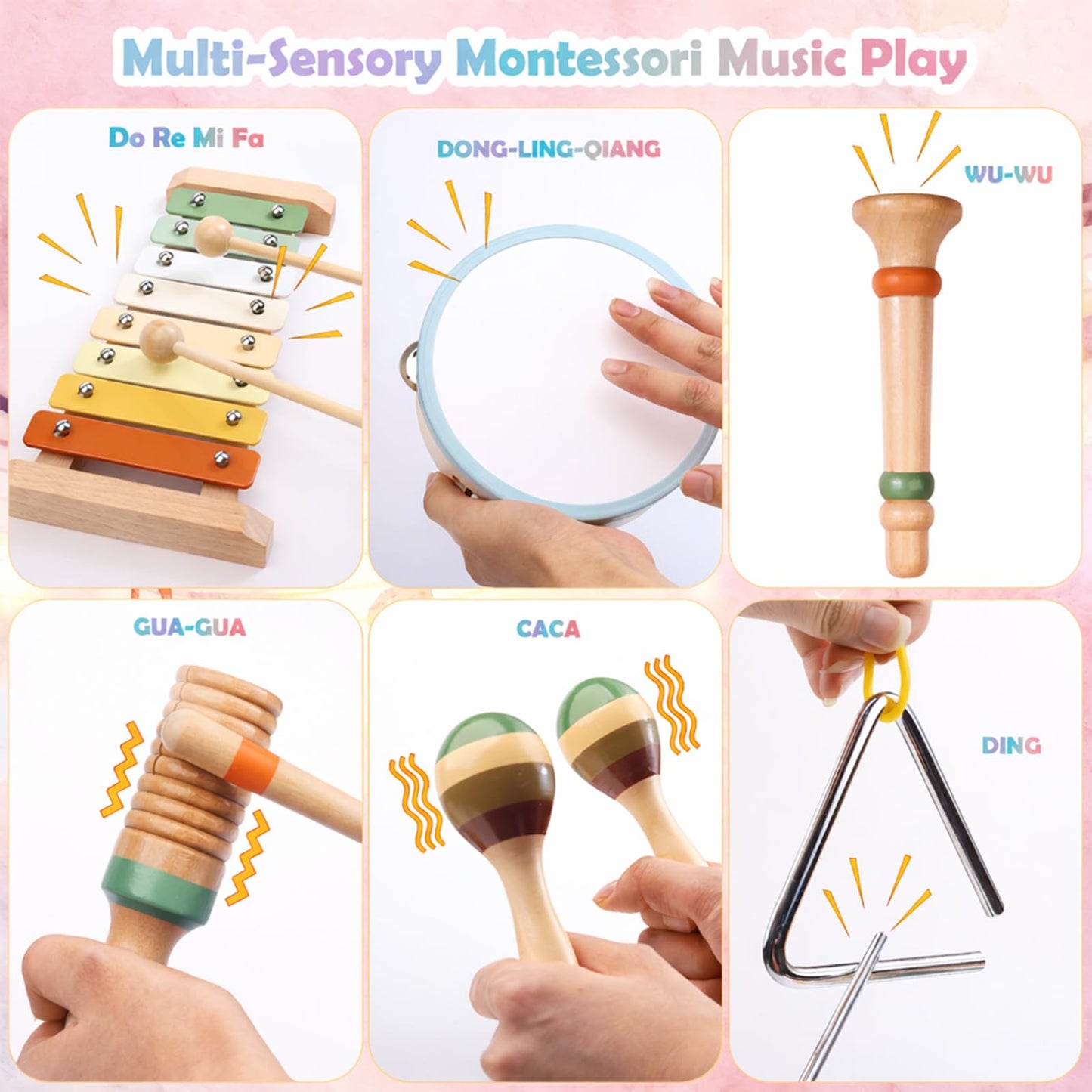 Baby Musical Instruments Set - Montessori Wooden Baby Musical Toys, Toddler Percussion Instruments Xylophone Maracas Tambourine for Toddlers 1-3, 1 2 3 Year Old Girls Boys Birthday Music Toys Gifts