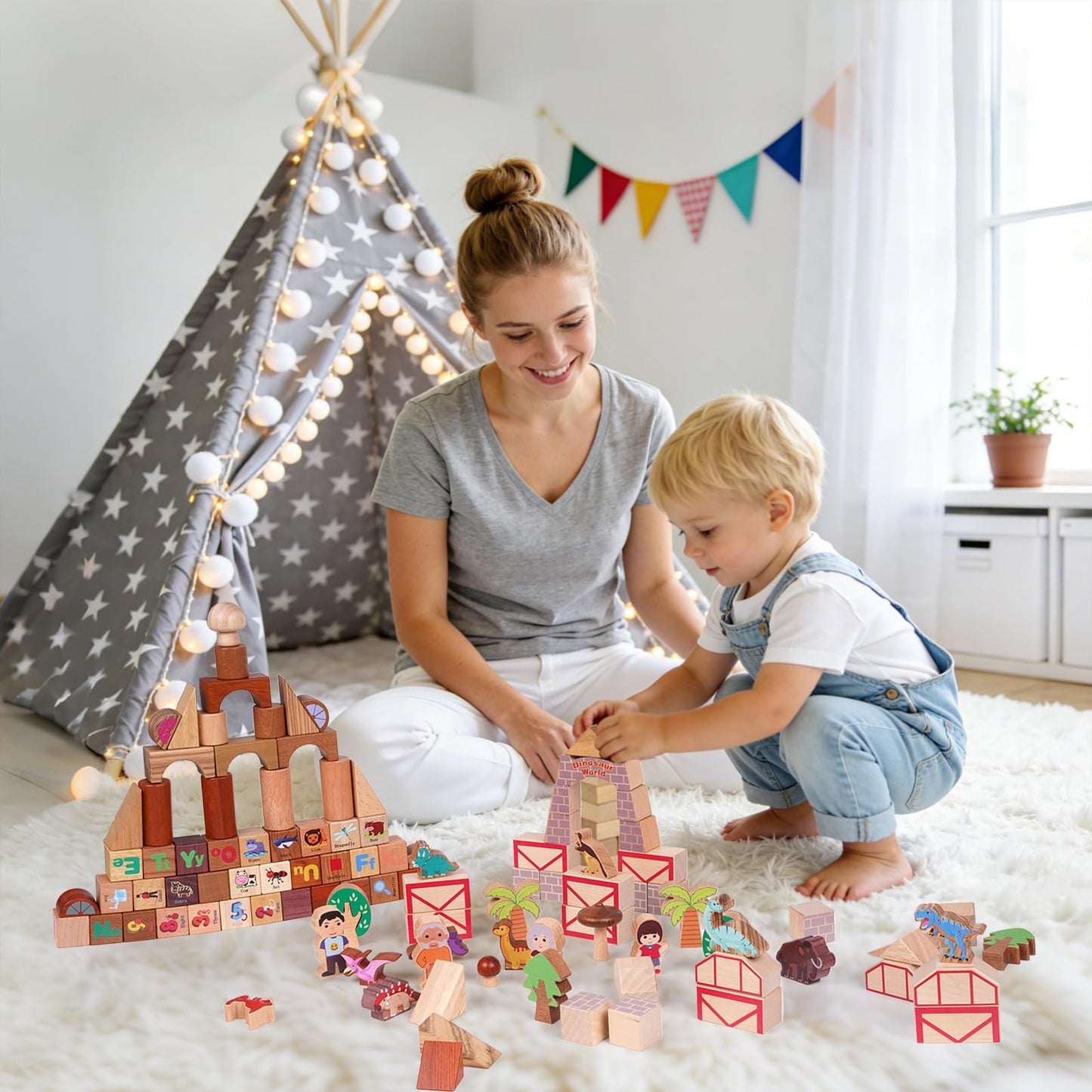GHOOI 145-Piece Wooden Dinosaur Park Building Blocks Set β Montessori Educational Construction Toy Made from 10 Premium Hardwoods, STEM Learning Blocks for Toddlers & Kids Ages 3β6