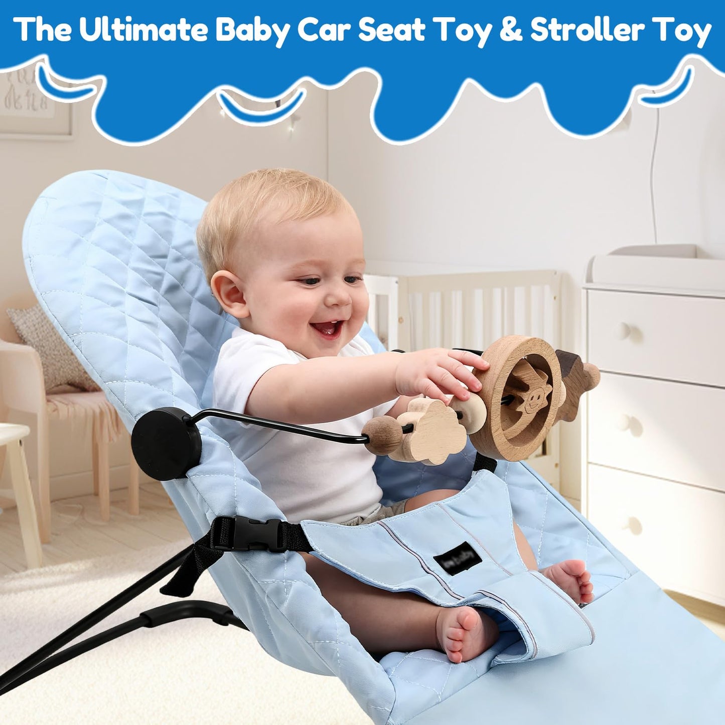 SeaZeHui Natural Wooden Activity Toy Bar for Baby Bjorn Bouncer, 360° Rotating Smiling Moon Hanging Toys for Infant Car Seat & Stroller, Sensory Development Toy 0-12 Months