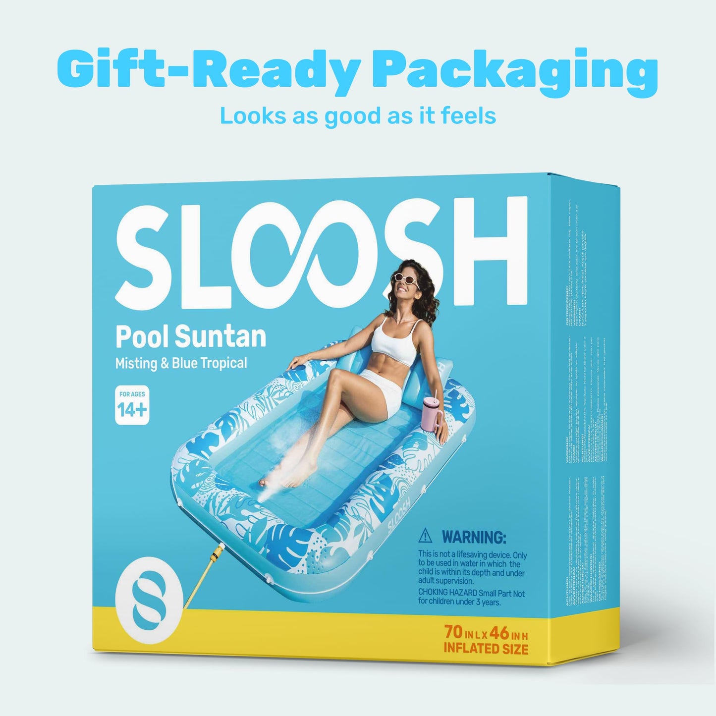 SLOOSH Misting System Inflatable Tanning Pool Lounger Float, 6 in 1 Large Mist Cooling Tanning Bed Floaties with Pillow & Cup Holders, 70" x 46" Blow Up Suntan Lounge Raft Beach Backyard Adults Gifts