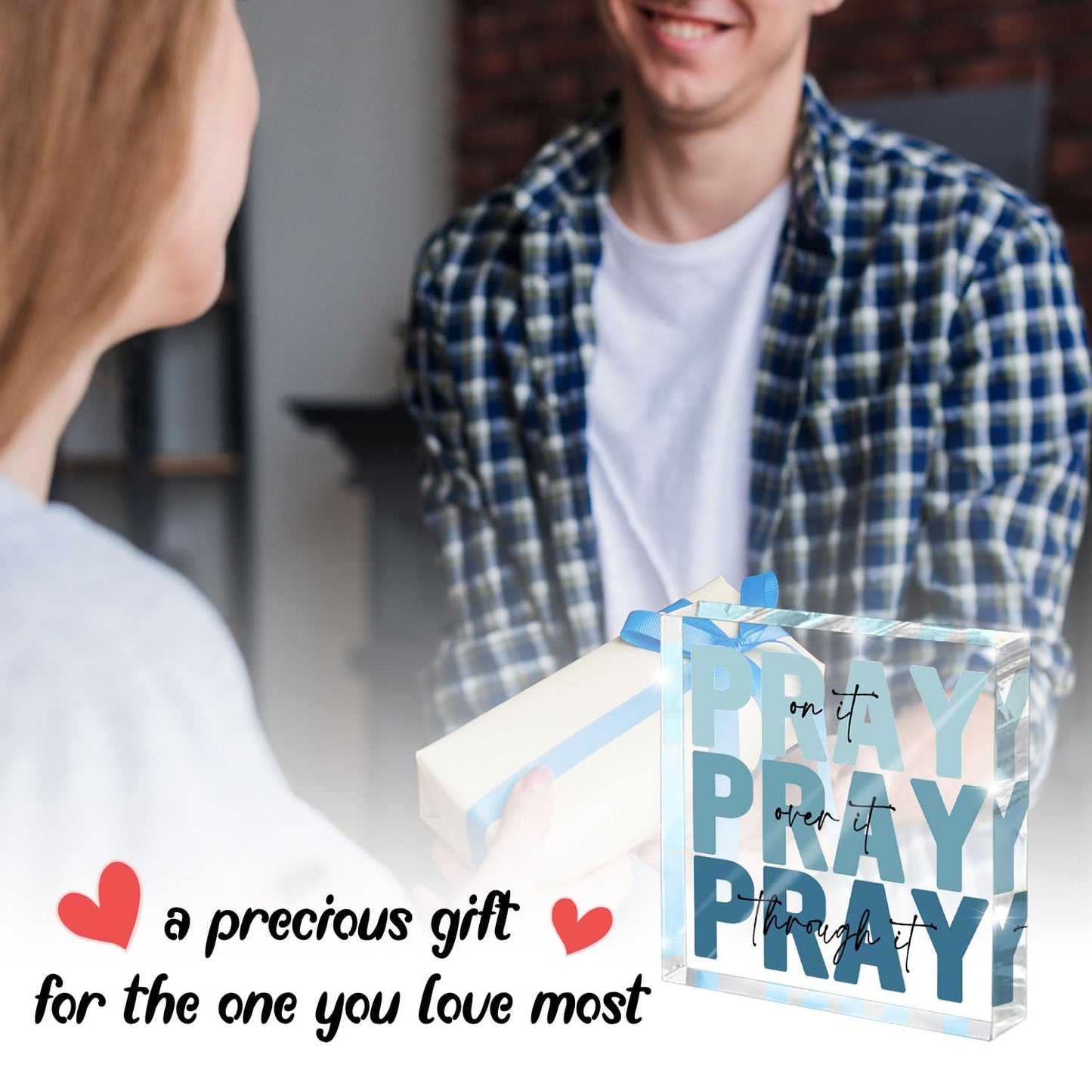 Religious Gifts for Women - Pray on it Pray over it Pray through it Acrylic Sign Decorative for Home Office Pastor Farmhouse Living Room Church Table Desk Bookshelf Decoration (Blue)
