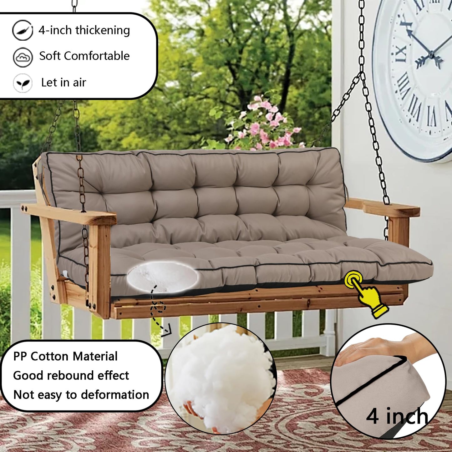 VKETU Porch Swing Cushion Three Seat, Waterproof Swing Cushions Replacement with Backrest, Outdoor Garden Furniture Patio 4" Thickened Cushions with Ties (Khaki, 40 x 55in)