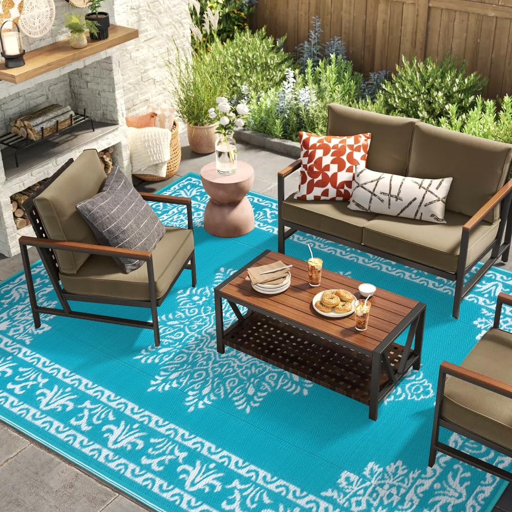 Outdoor Rug 5x8 Ft, Waterproof Plastic Straw Patio Rug, Reversible Backyard Carpet UV Resistant Portable RV Mat Clearance, Large Indoor Outdoor Rug for Patio, Porch, Deck, Balcony, Teal