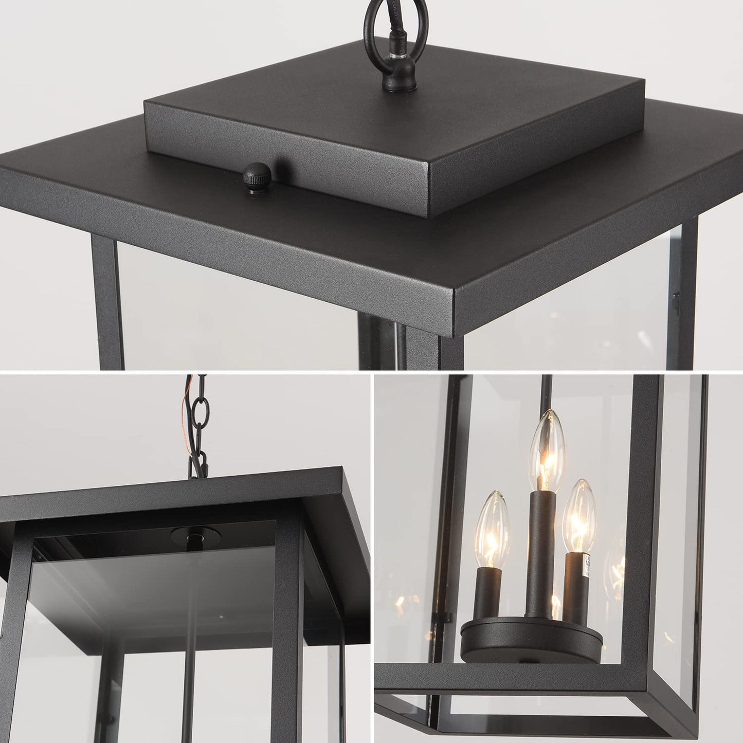 Smeike Outdoor Pendant Light Exterior Hanging Lantern, Large Outdoor Hanging Porch Light, Matte Black Finish with Clear Glass, 3 Light Outdoor Chandelier