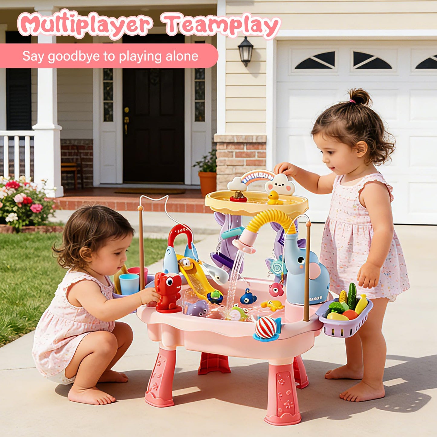 NOPROB 2027 Upgraded Toddlers 1-3 Water Table with Electric Pump, Kids Water Table with Faucet Play Food Accessories Fishing Toy, Kitchen Play Sink Toys for Girl Boy Age 4-8 (Pink)