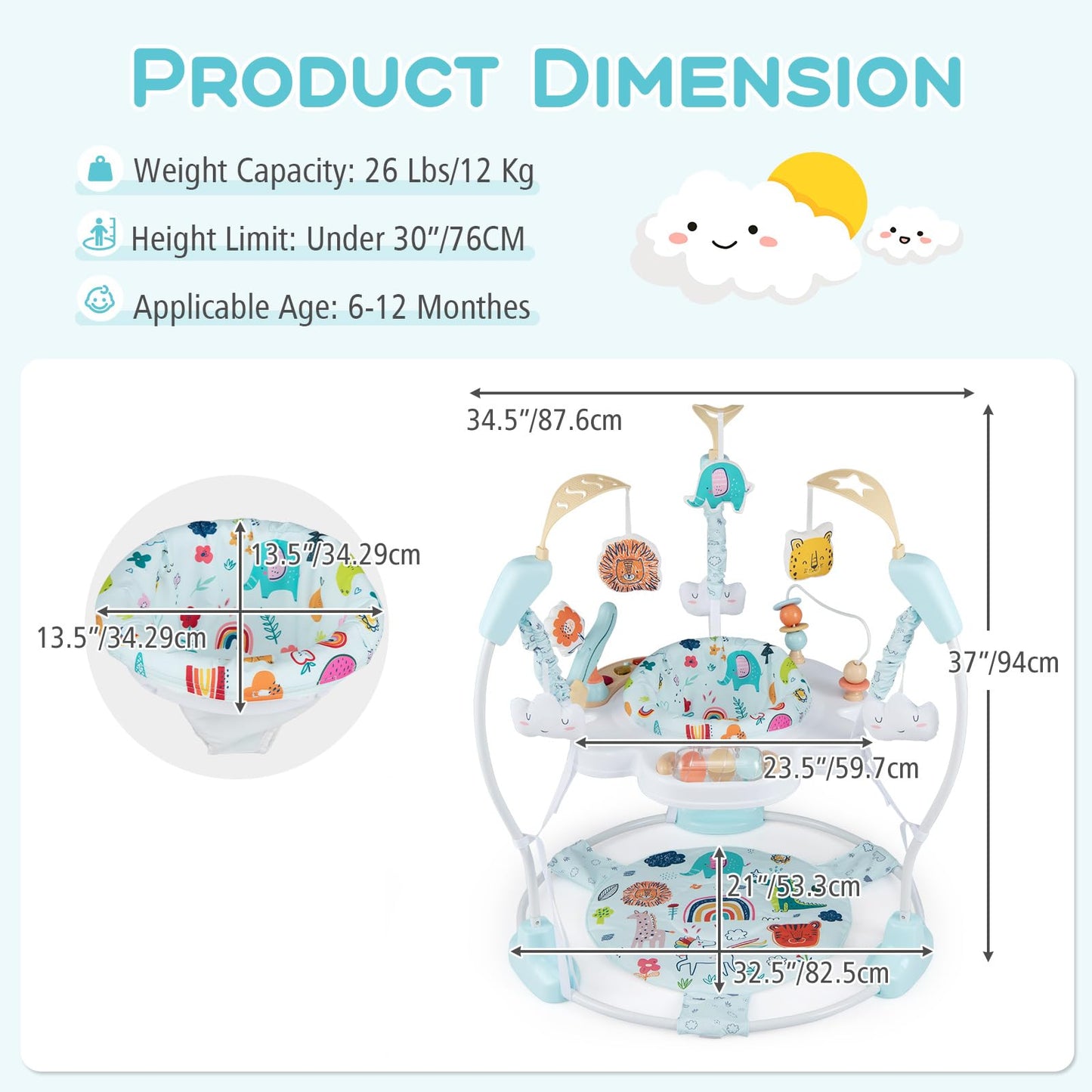 INFANS Baby Activity Center, 3 in 1 Play Center Jumpers and Bouncers with Music, Lights, Interactive Toys, 360°Rotating Seat, Adjustable Heights, Exersaucer Learning Toys for 6-12 Months (Light Blue)