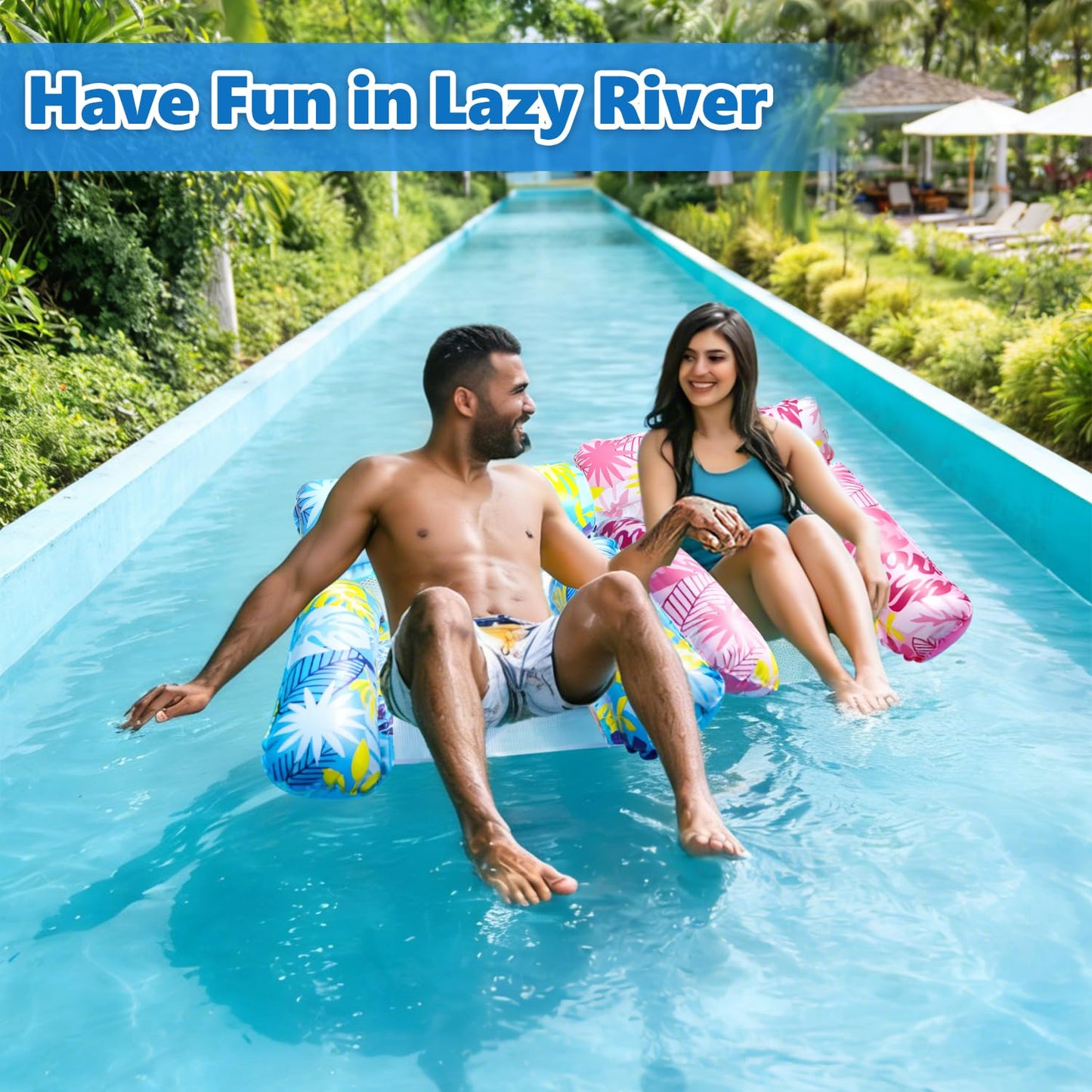 2 Pack Inflatable Pool Floats with 2 Drink Holders and 1 Air Pump, 4 in 1 Water Hammock with Cool Mesh Adult Swimming Pool Float Chair Sofa Lounger Saddle Toys for Beach Seaside Lazy River Hot Tub