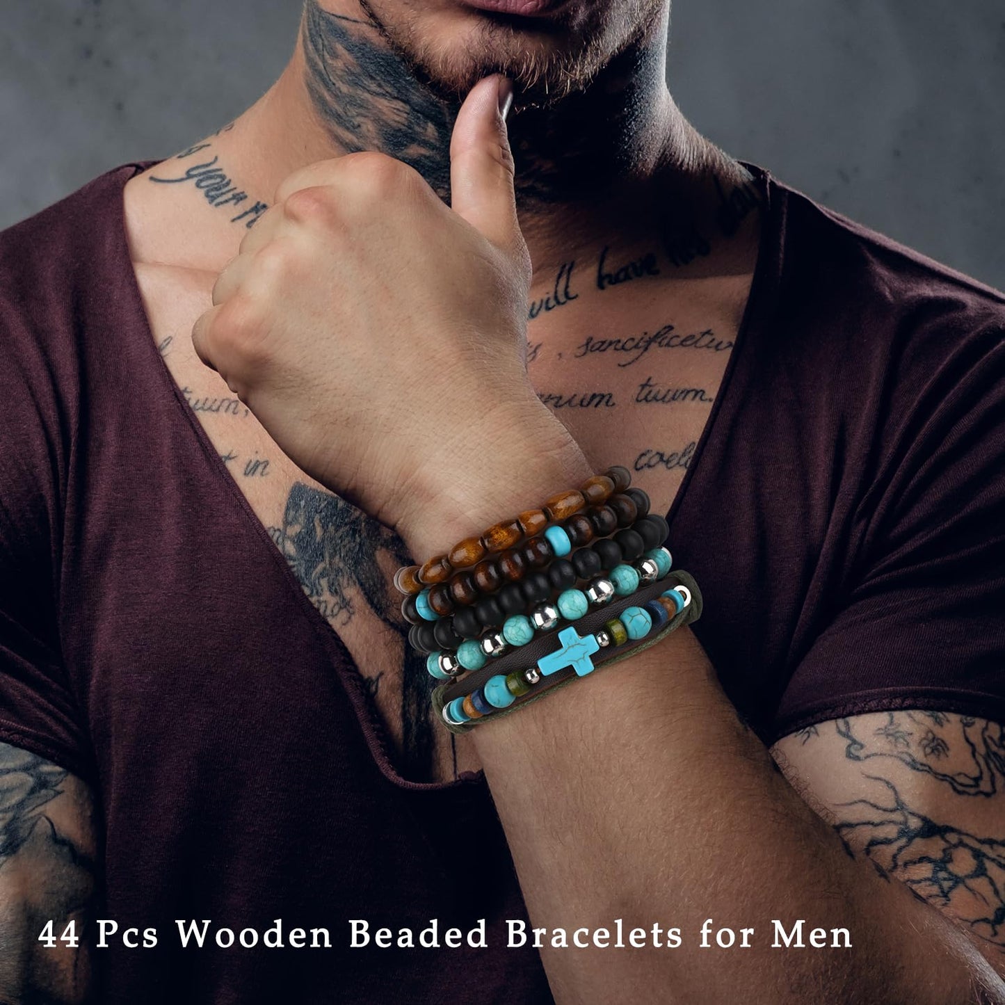 Giovanchi 44 PCS Beaded Bracelets for Mens Larger Size Women Adjustable Boho Punk Braided Wooden Bead Bracelet Bulk Wood Bangles Wristbands Meaningful Jewelry Gift