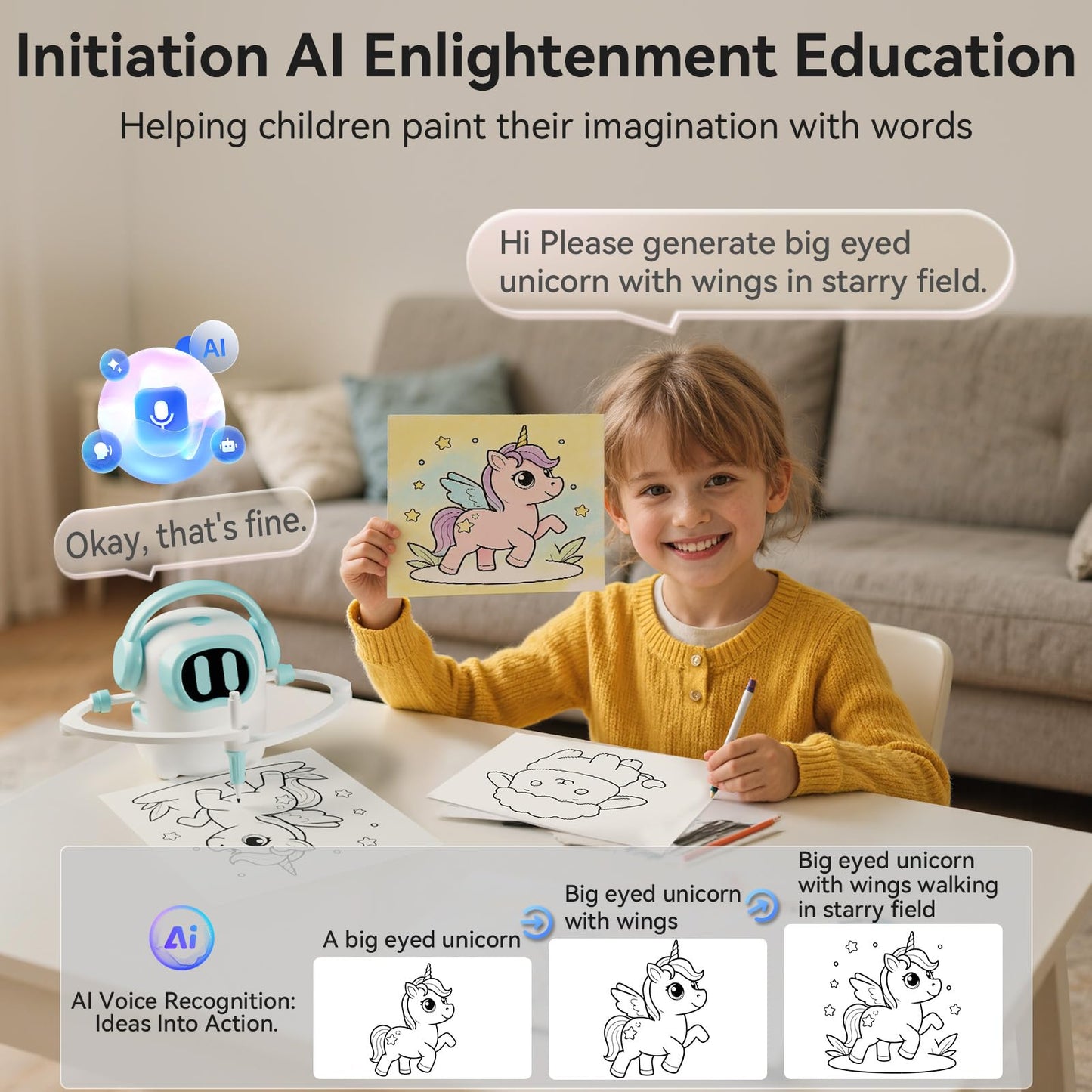 AI Drawing Robot for Kids, 10000+ Free AI-generated Images,Regularly updated image library,Educational Learning Toys for Boys & Girls Ages 3-8 ,AI Enlightenment Painting Toy for Birthday Gift (Cyan)